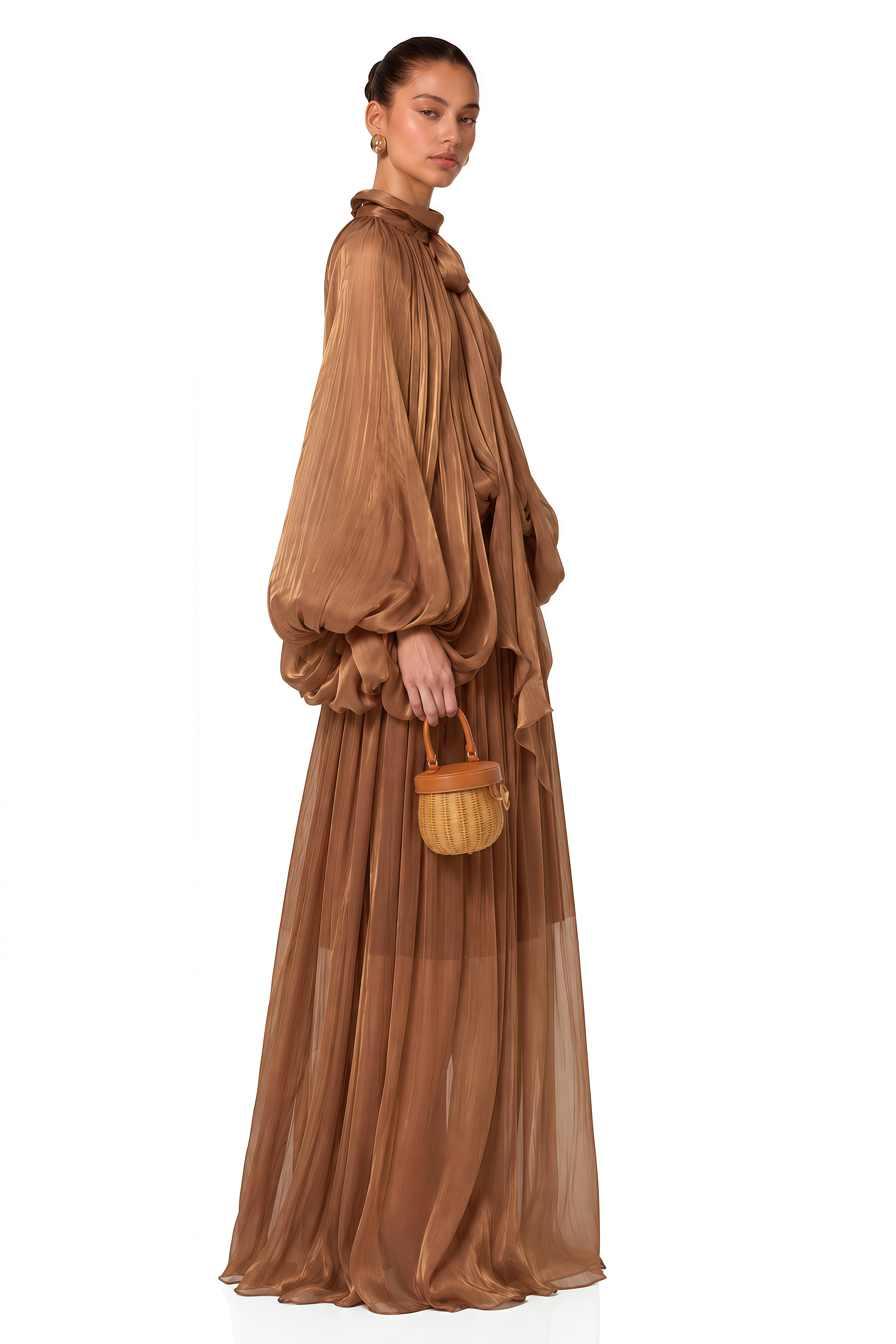 Mila Brown Pleated Satin Maxi Dress