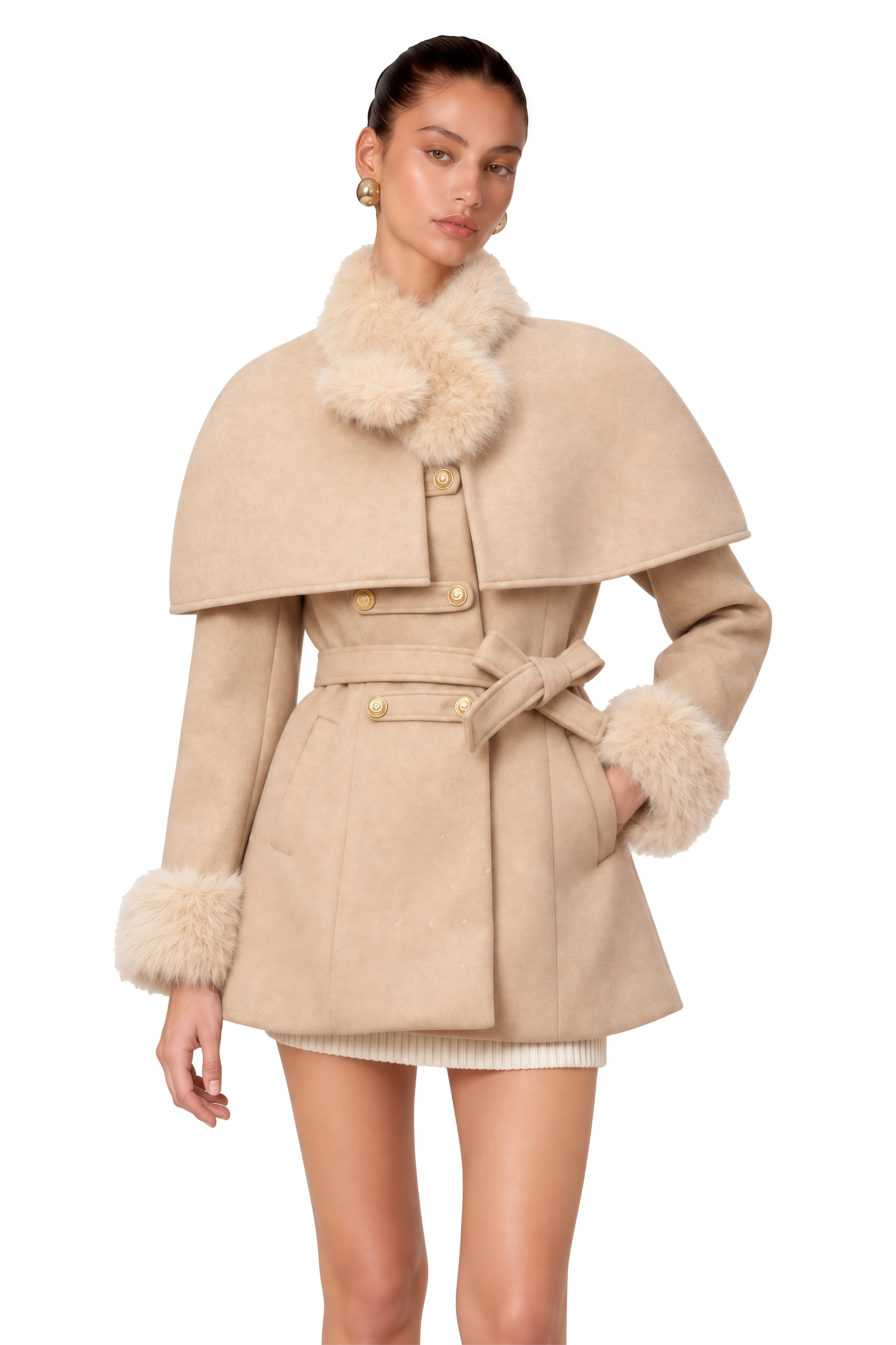 Rosella Detachable-Cape Faux-Fur Coat