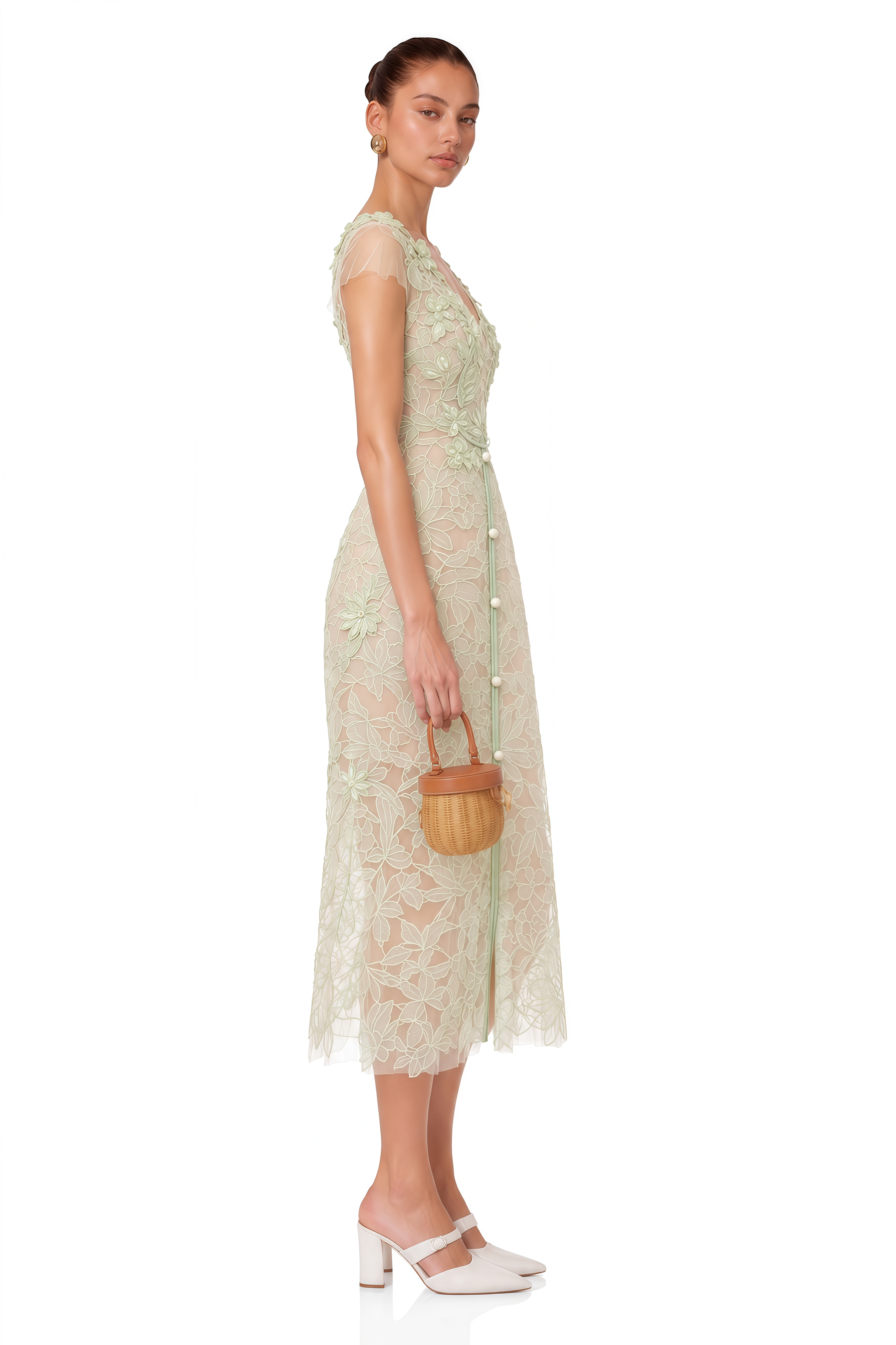 Linnea Green Floral Applique V-Neck Midi Dress