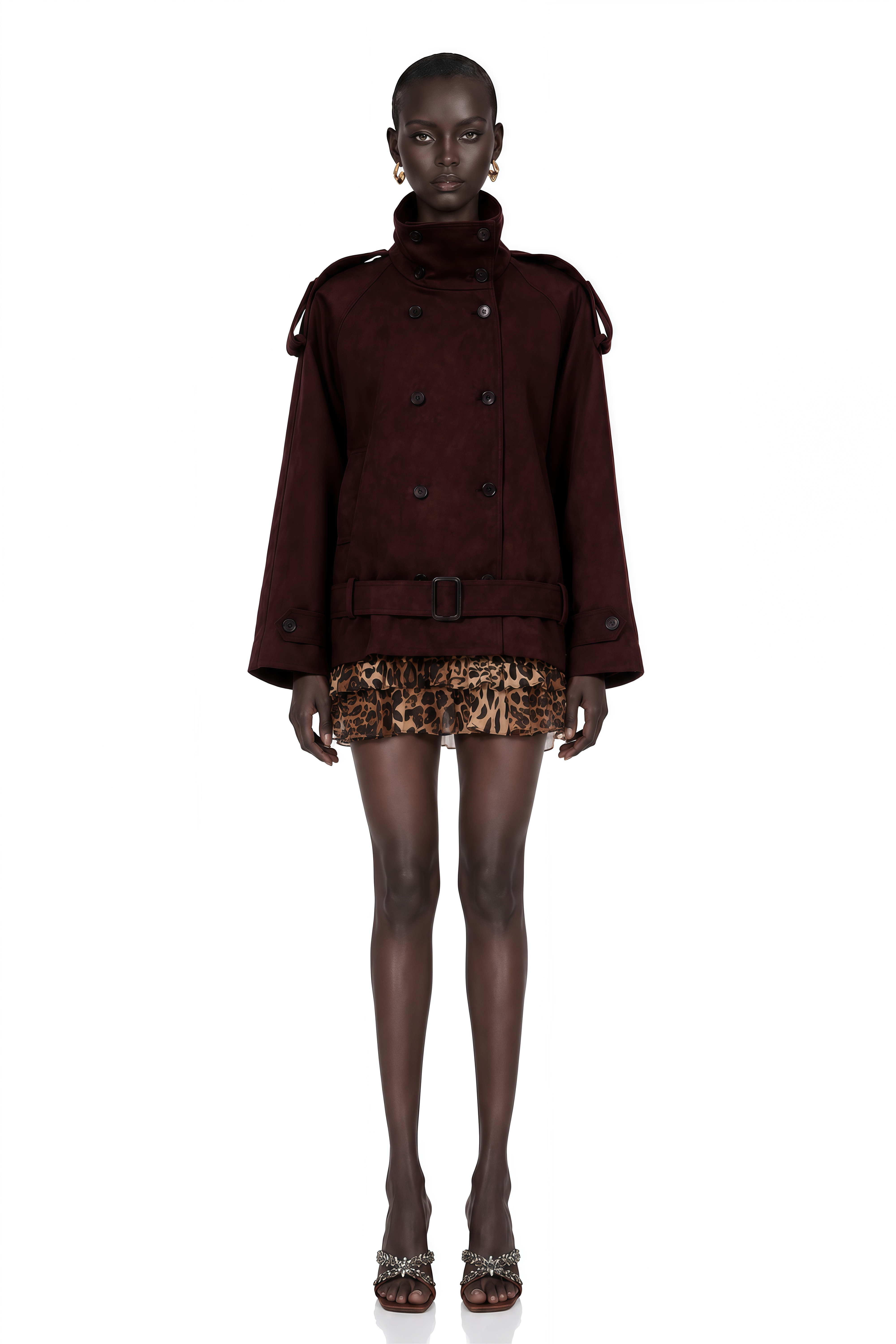 Flavia Burgundy Belted Suede Trench Coat