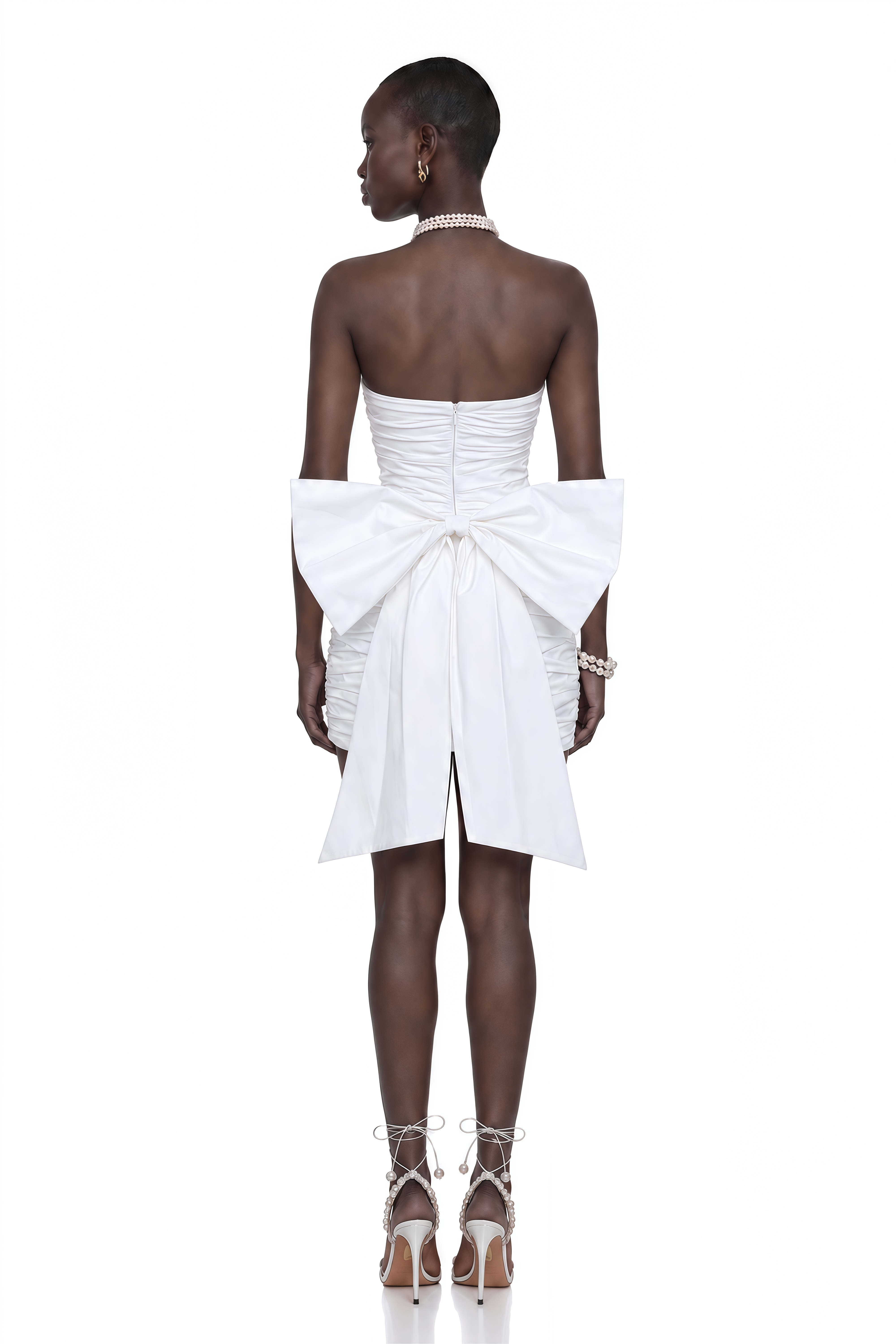 Sari White Ruched Mini Dress with Bow