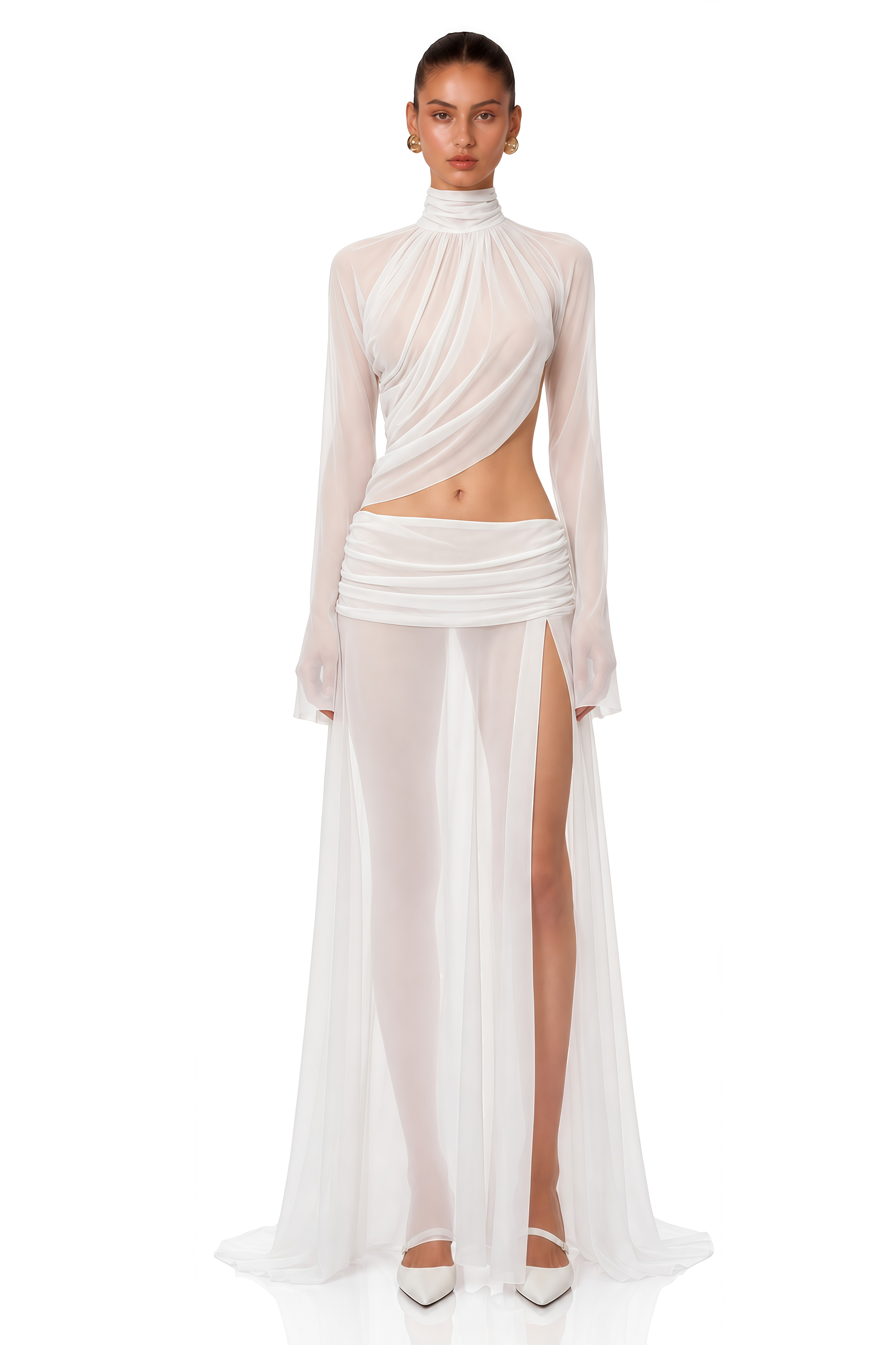 Giuseppina White High Neck Cut-Out Top & Skirt Set