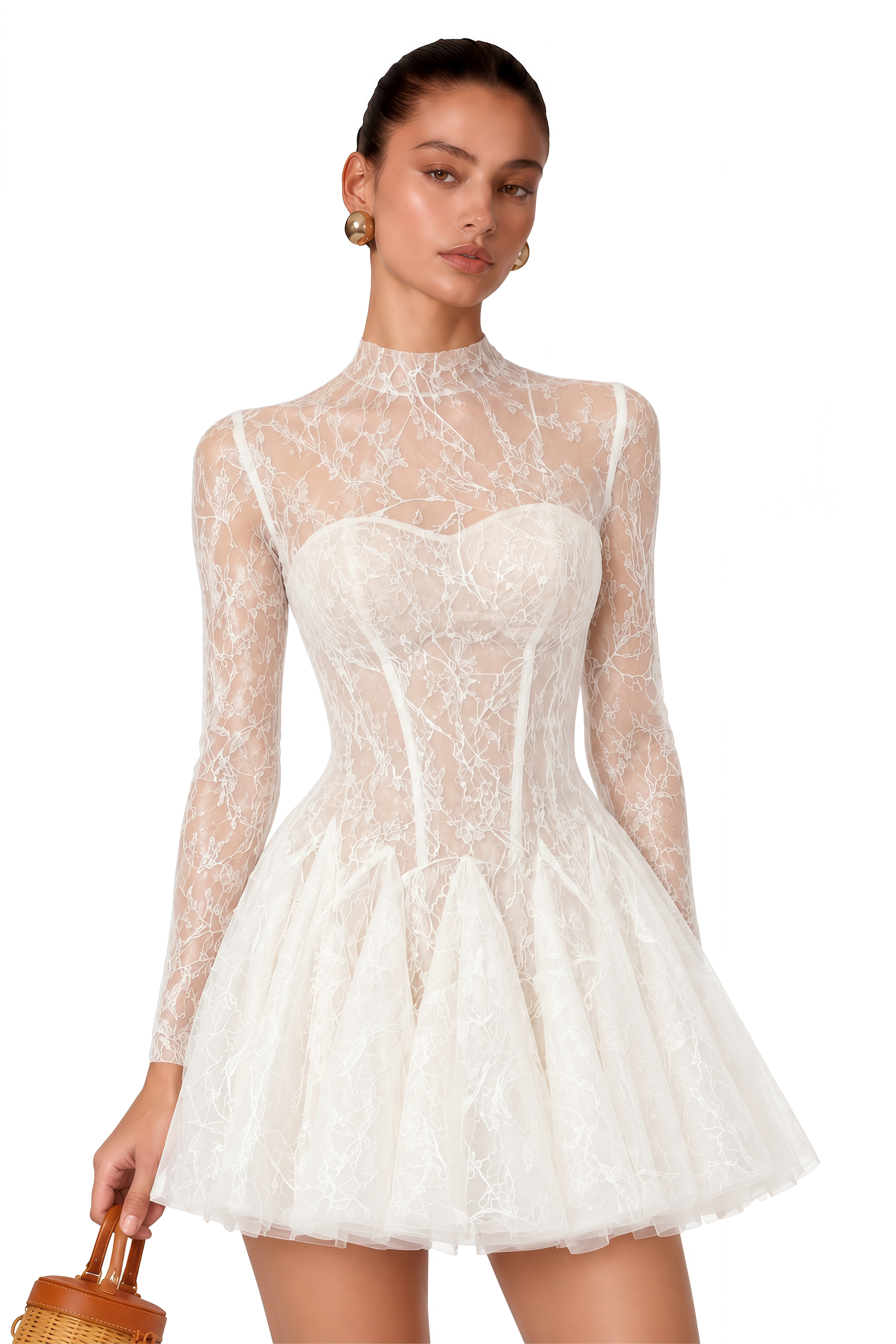 Mirabella White Sequined Floral Lace Mini Dress