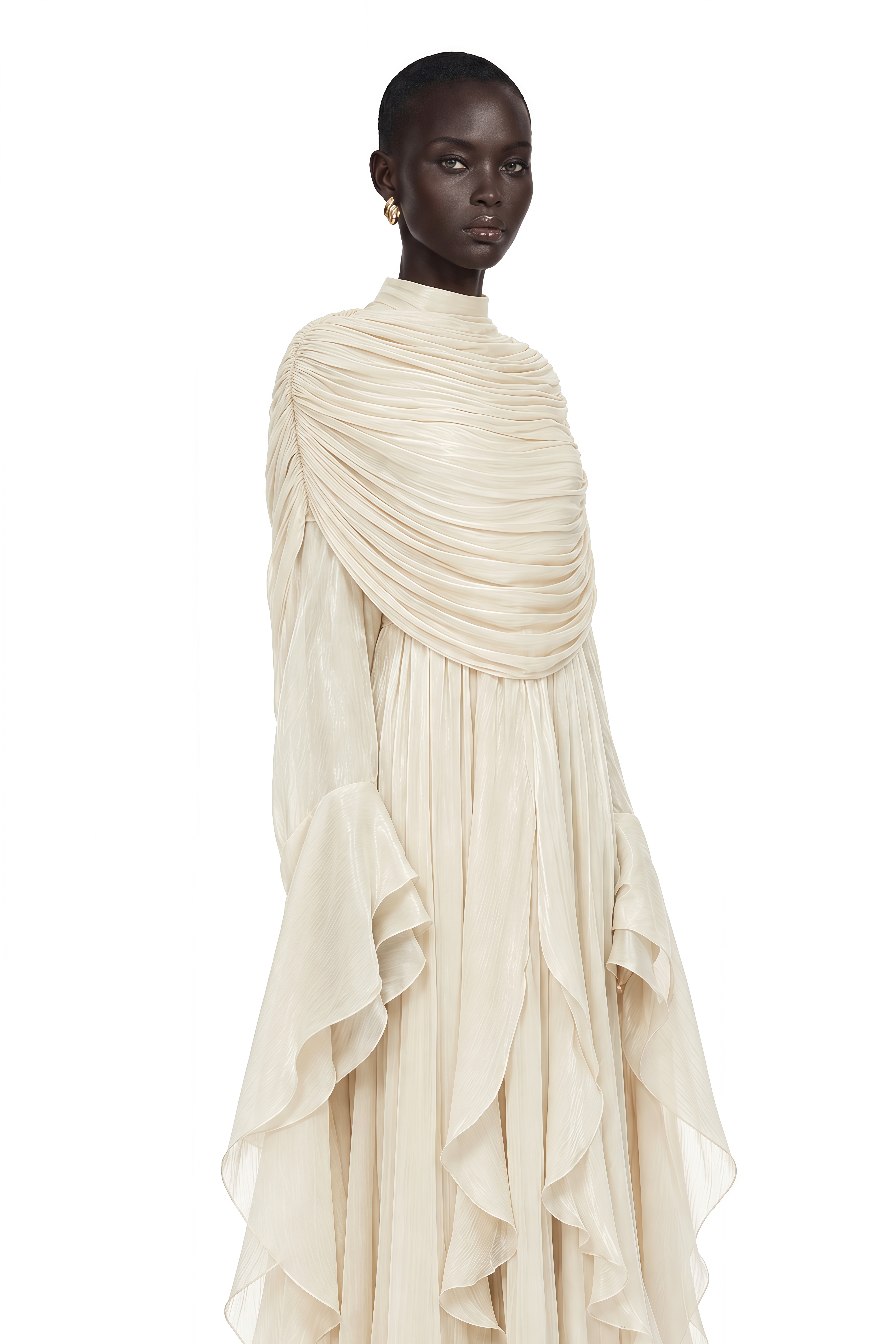 Gustave Neutral Ruched Cape Ruffled Maxi Dress