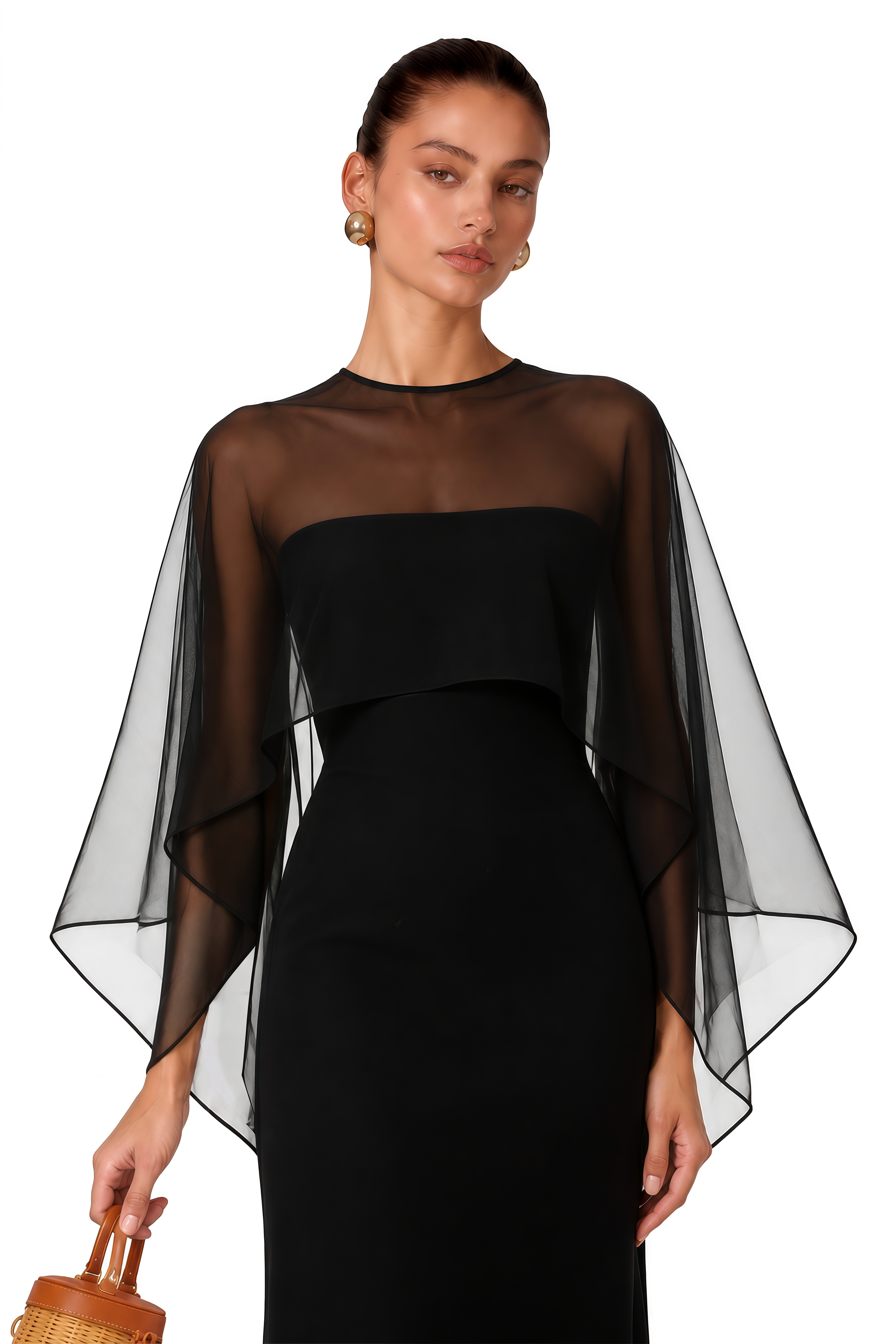 Xiomara Black Cape Design Satin Maxi Dress