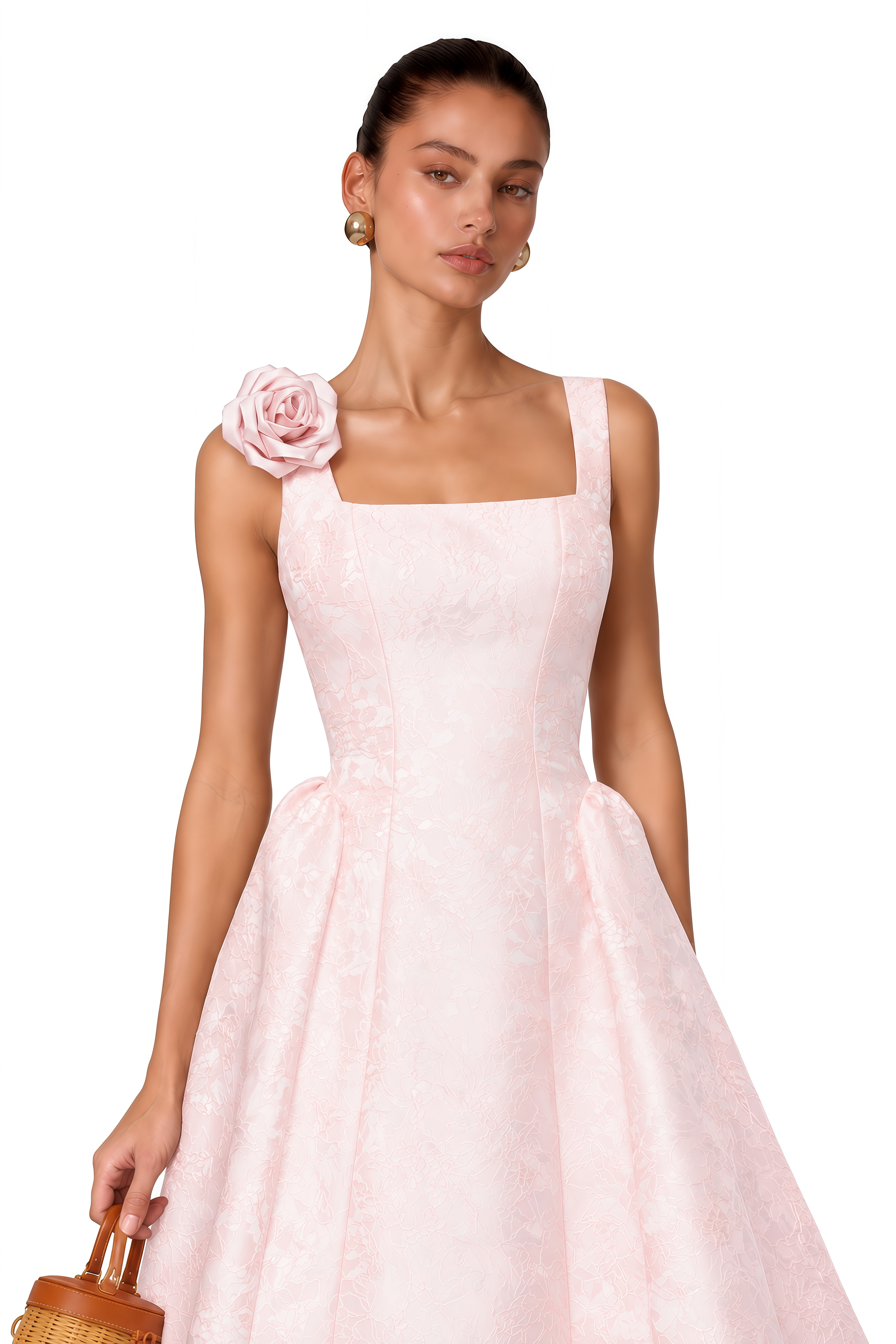 Edwina Pink Square Neck Floral Midi Dress