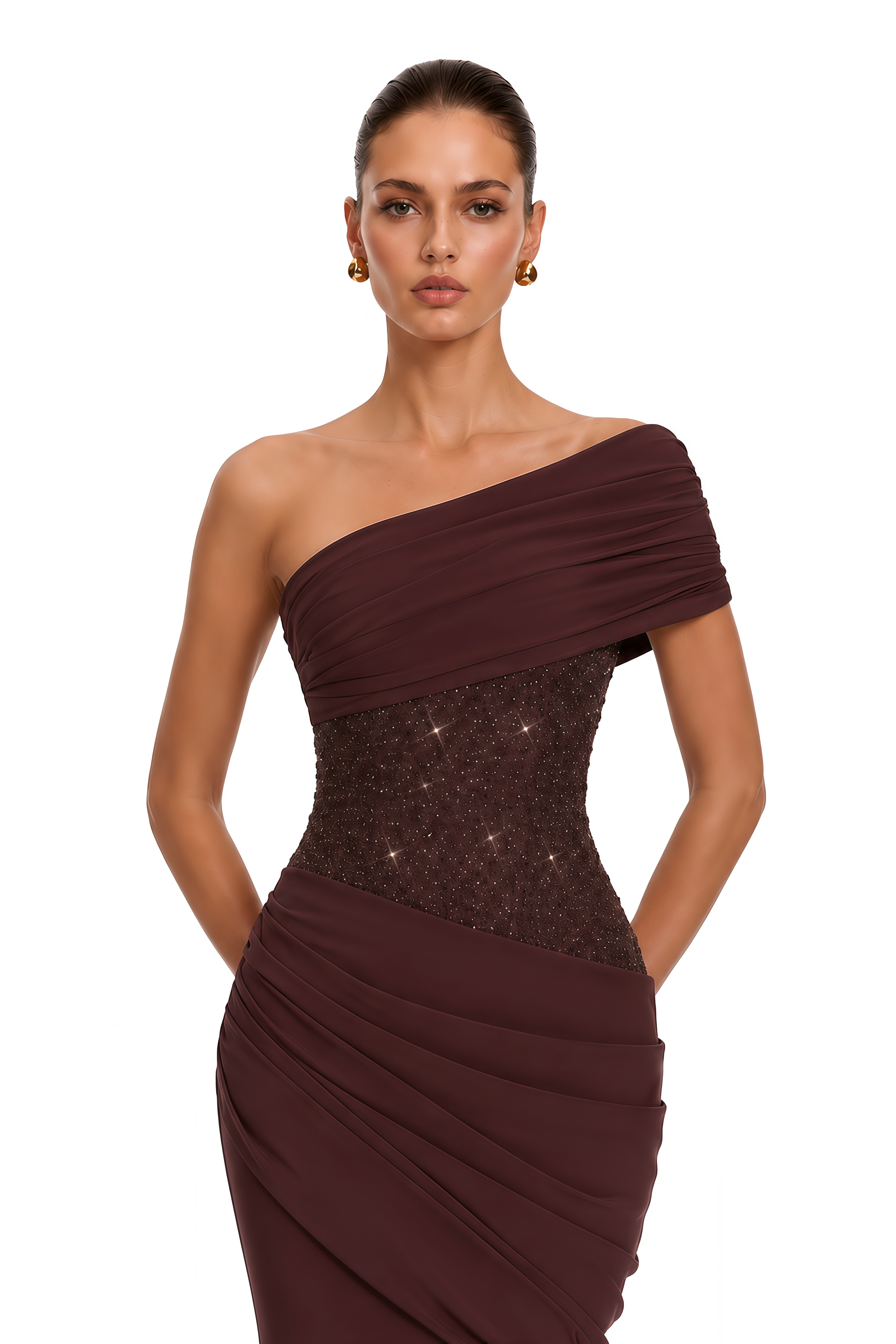 Giada Brown Sequined Asymmetrical Ruched Maxi Gown