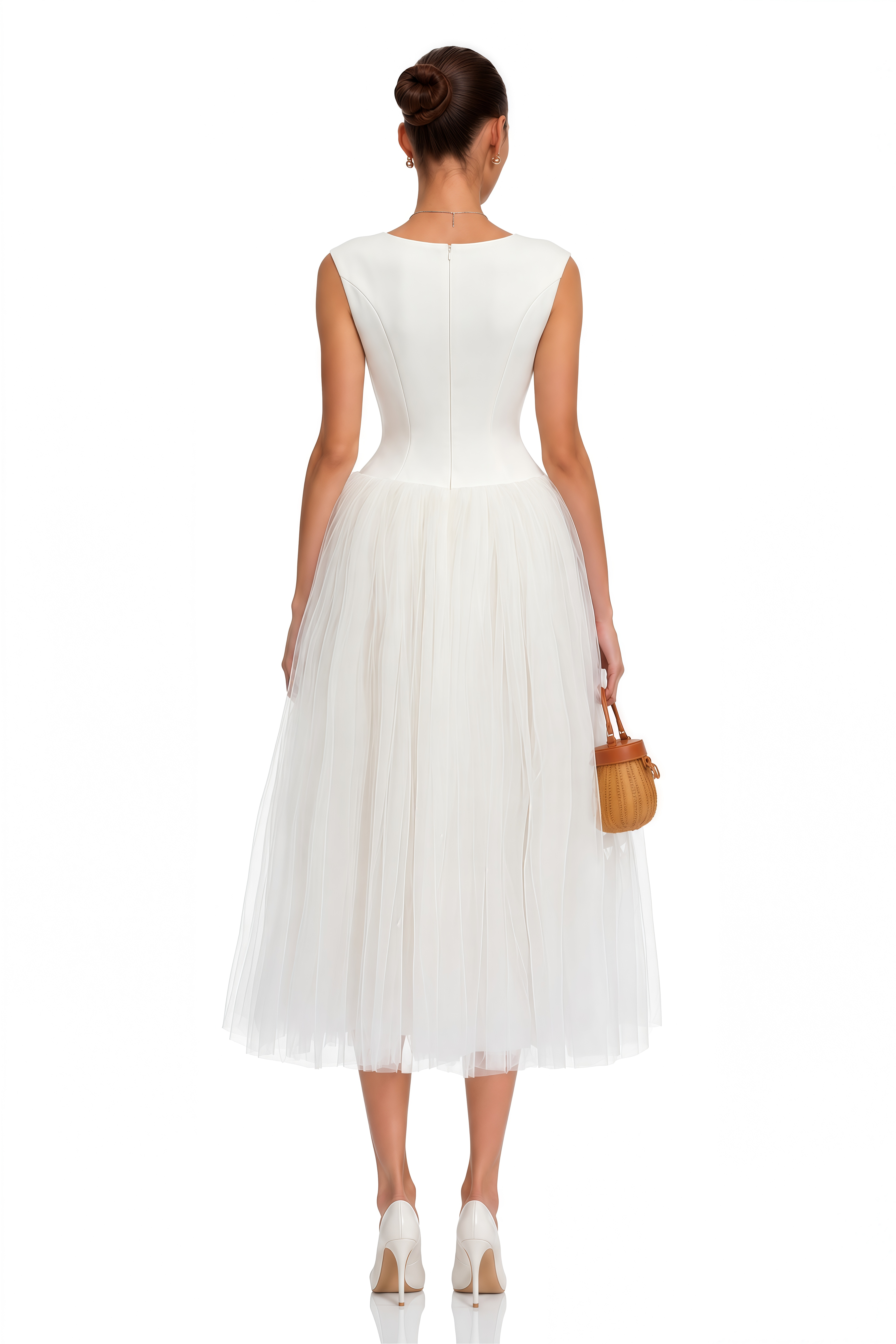 Salma White Pleated Flared Midi Dress