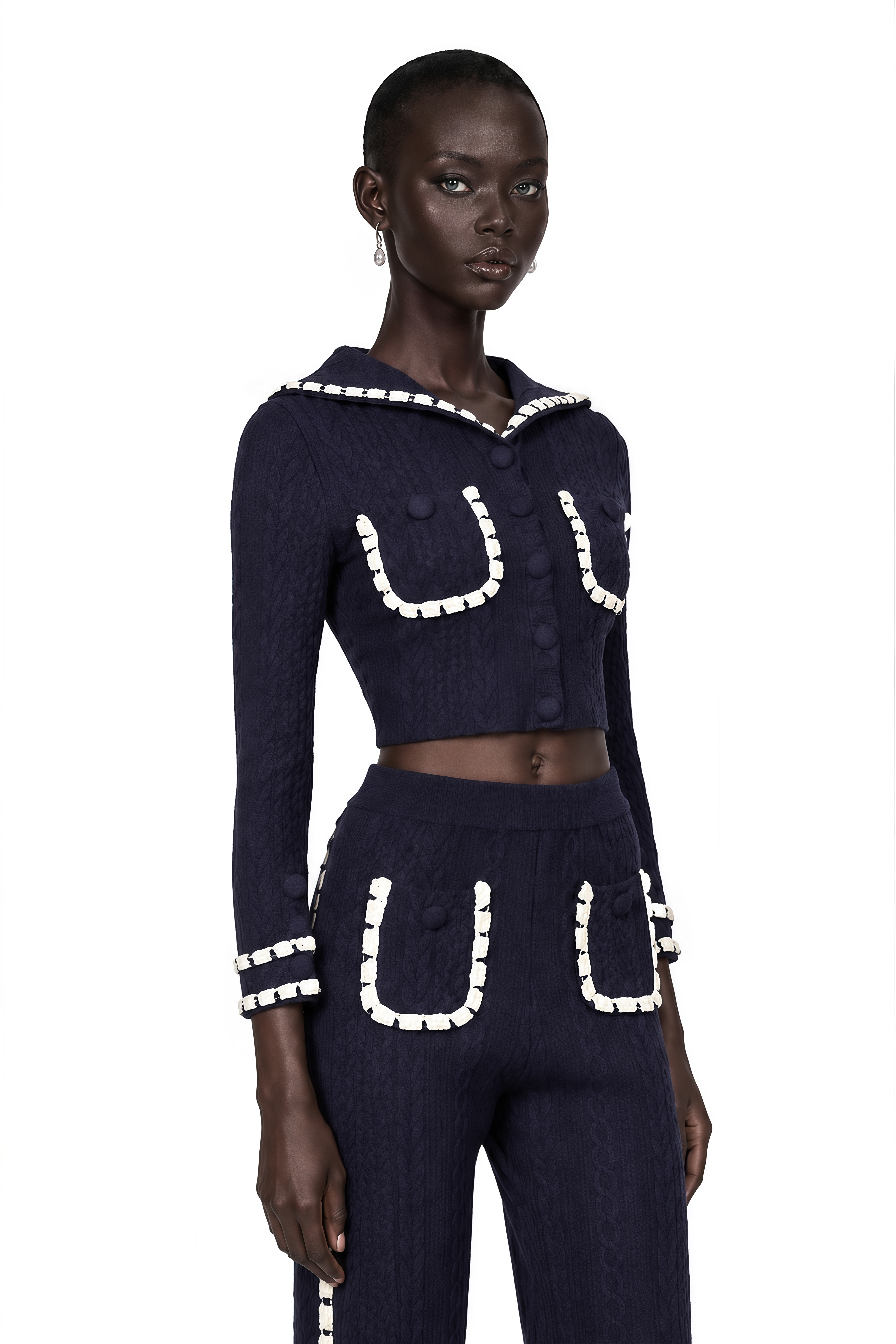 Elvira Navy Blue Crochet-Knit Cardigan & Trousers Matching Set