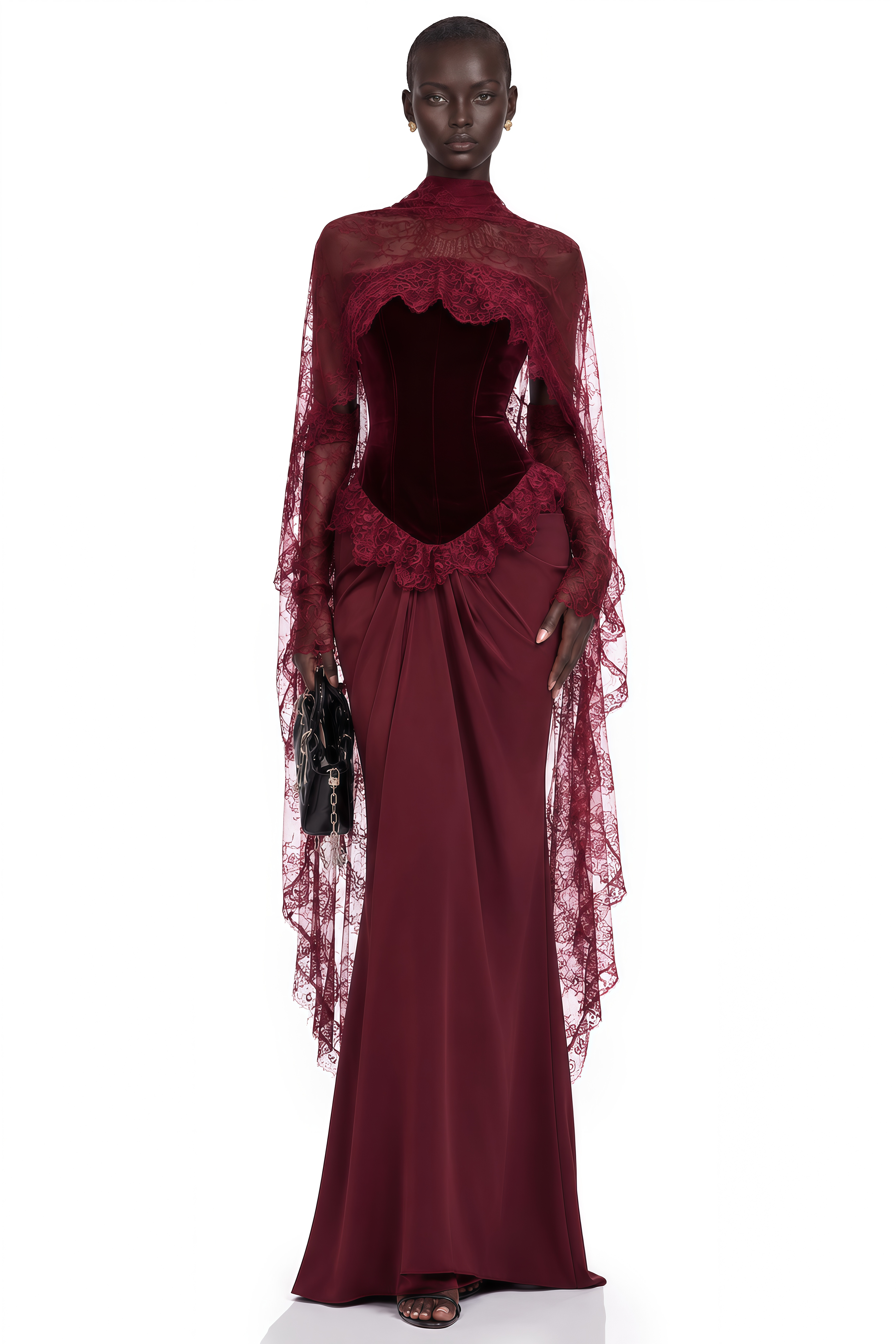 Seraphina Red Floral Lace Maxi Dress with Cape
