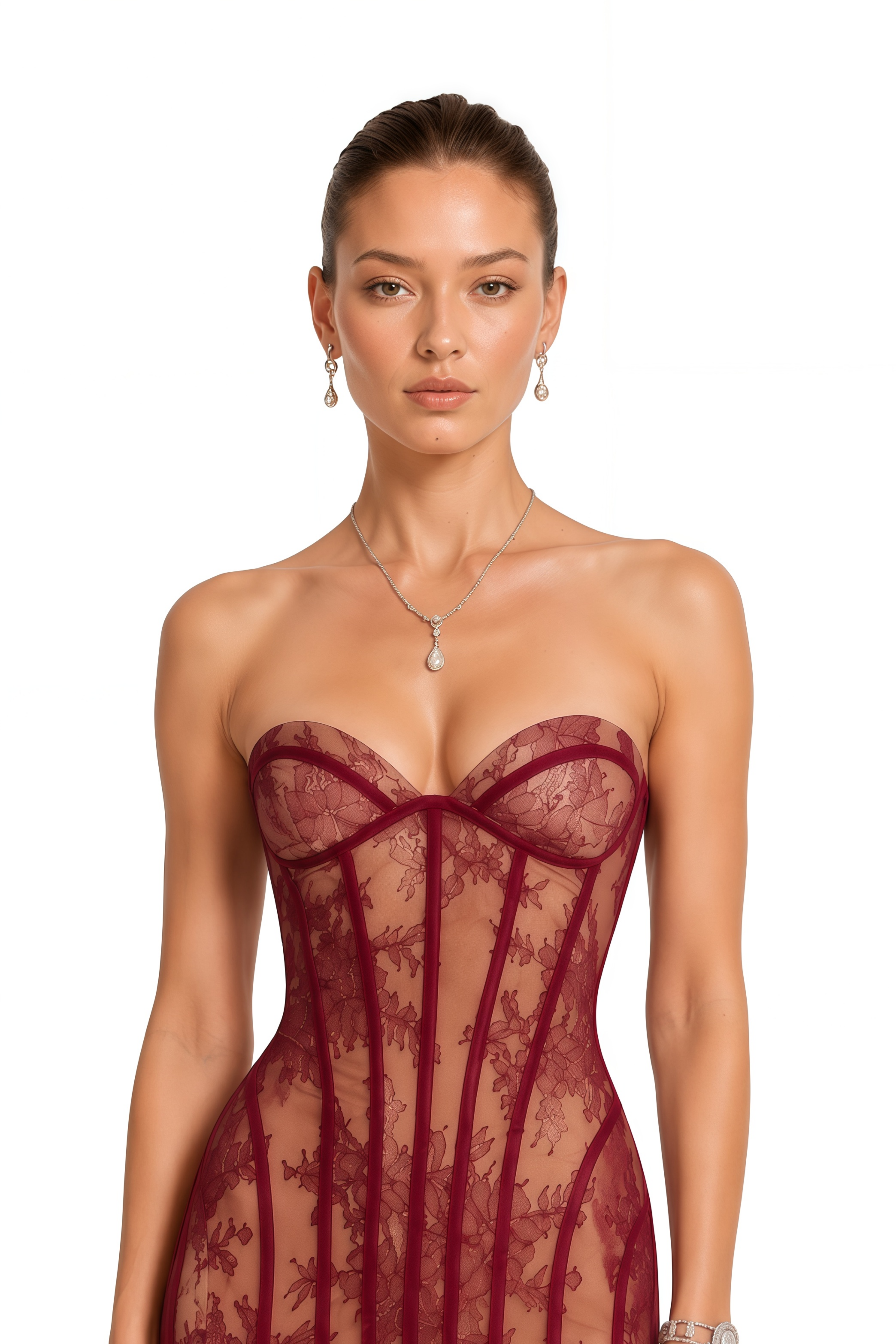Urszula Red Floral Lace Corset Maxi Dress