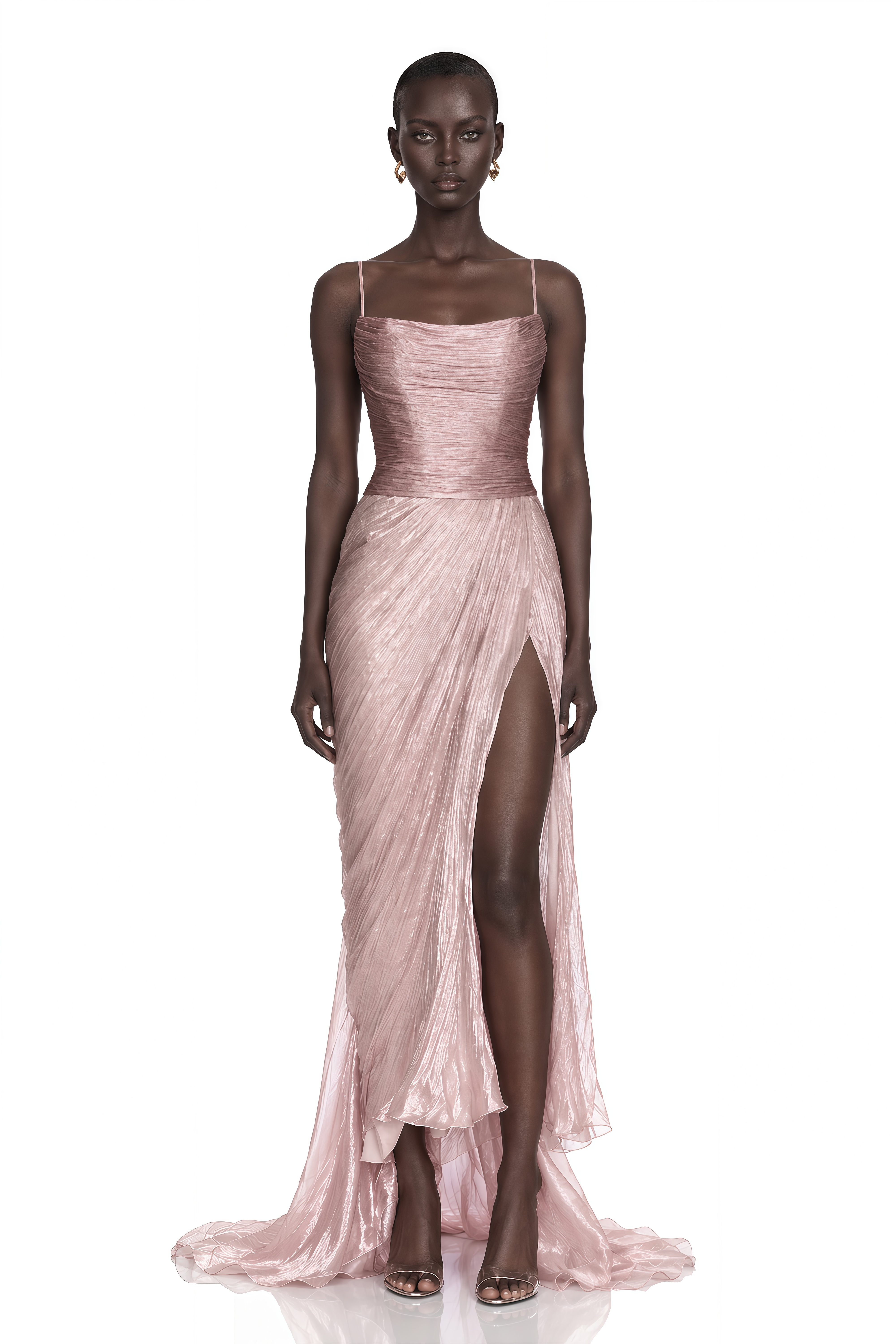 Aaliyah Blush Pink Pleated High Slit Maxi Dress