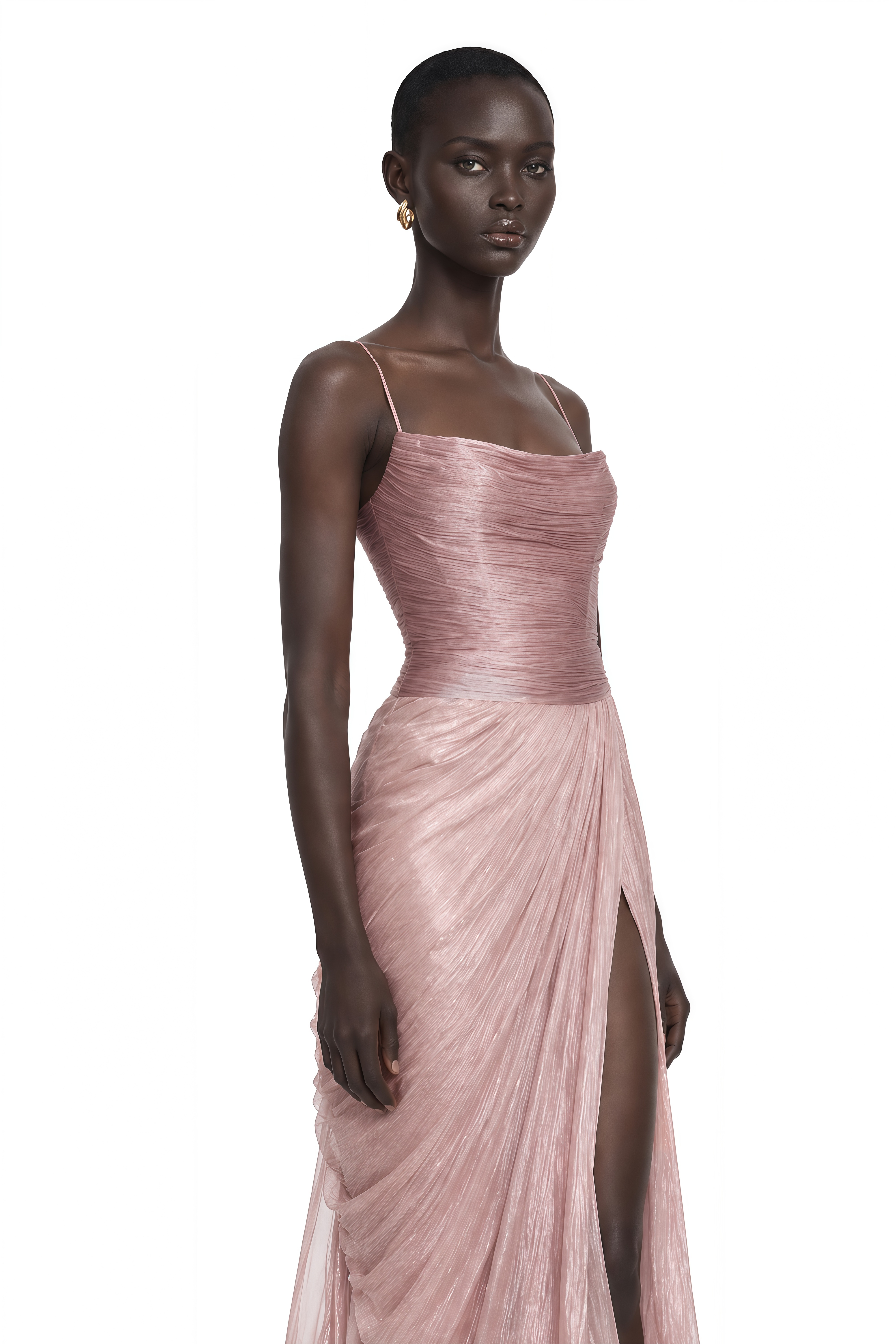Aaliyah Blush Pink Pleated High Slit Maxi Dress