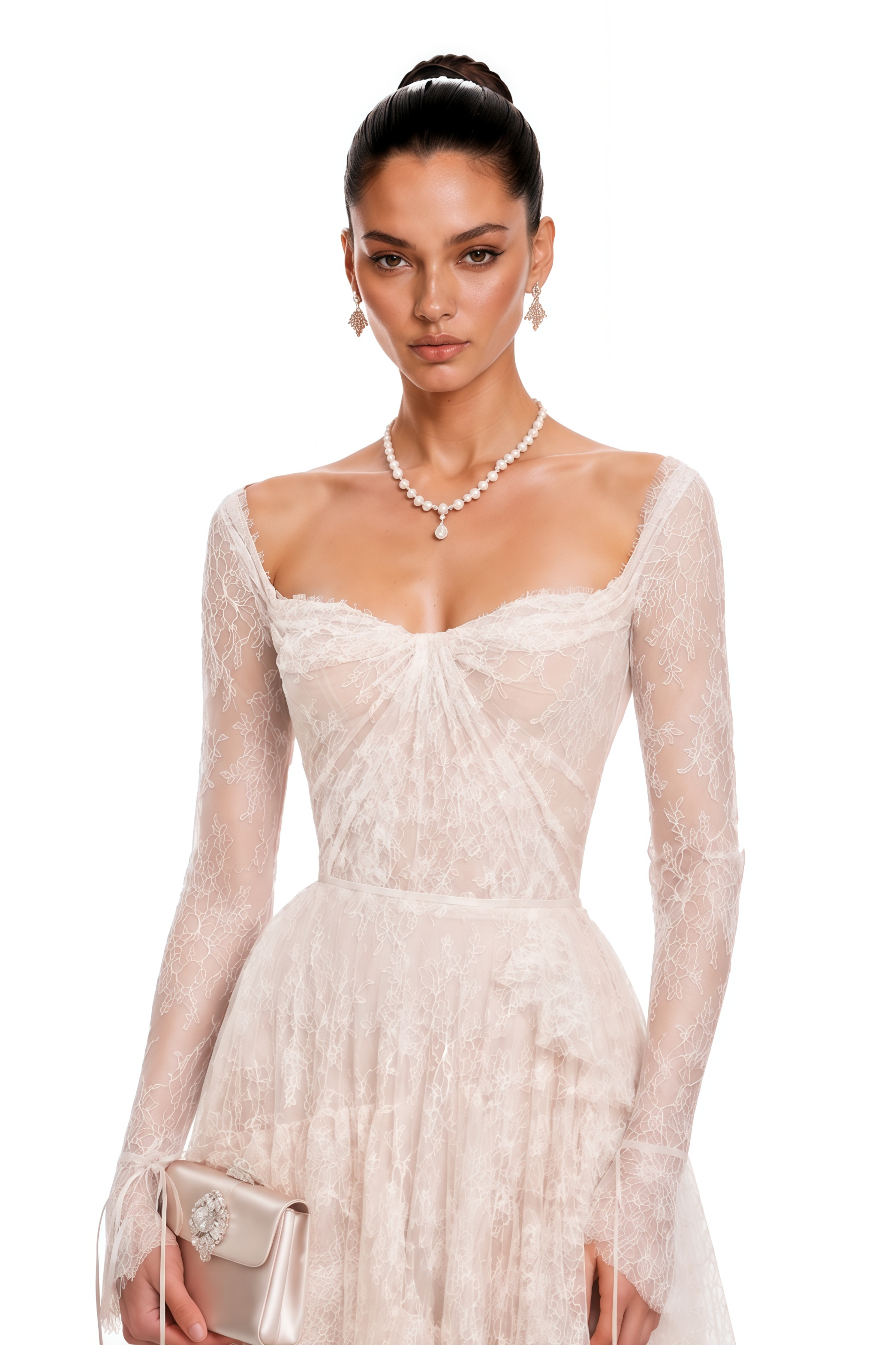 Off-white lace long-sleeve corset gown with high slit