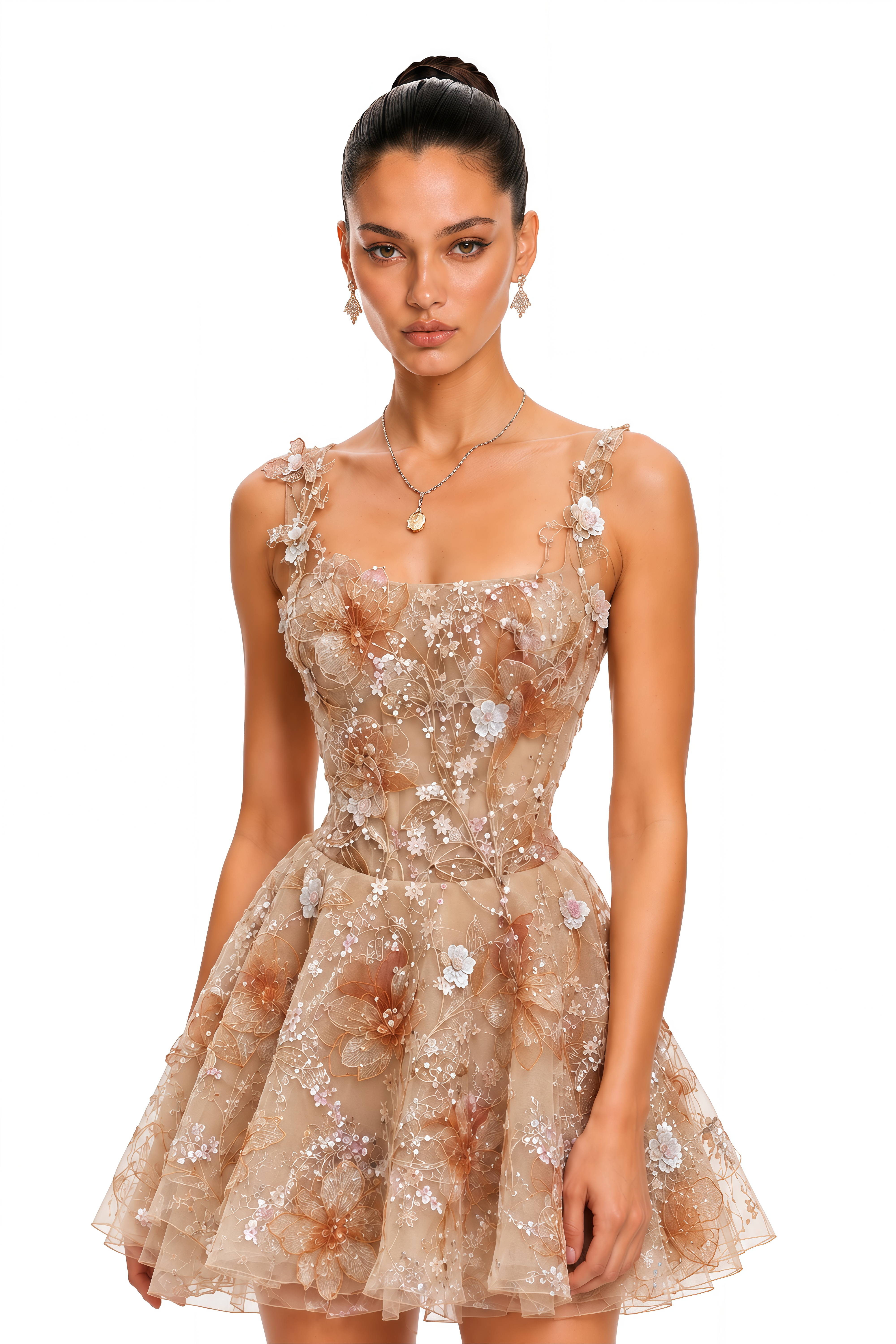 Aerith Neutral 3D Floral Embroidered Mini Dress