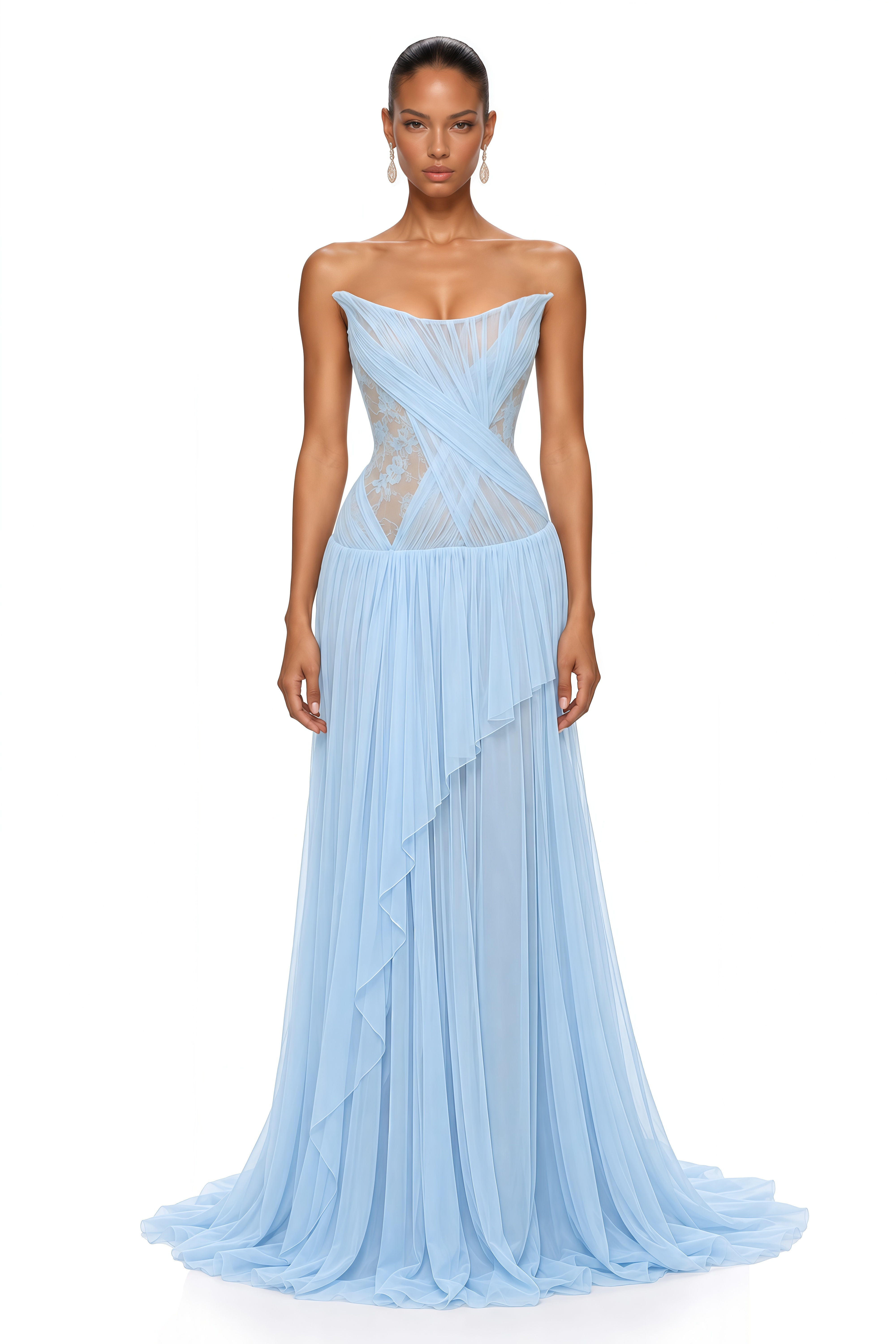 Ailsa Blue Strapless Pleated Lace Maxi Dress