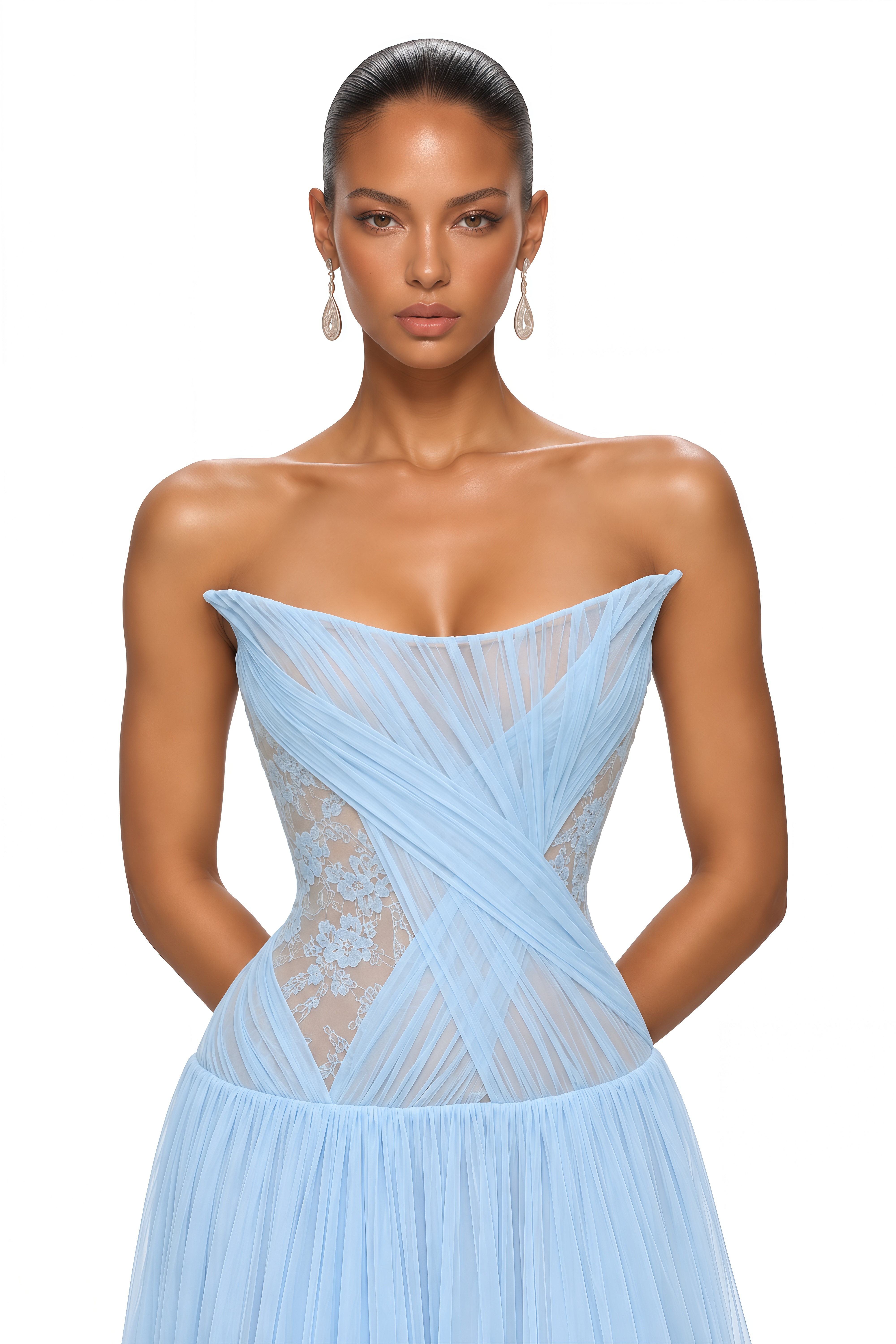 Ailsa Blue Strapless Pleated Lace Maxi Dress