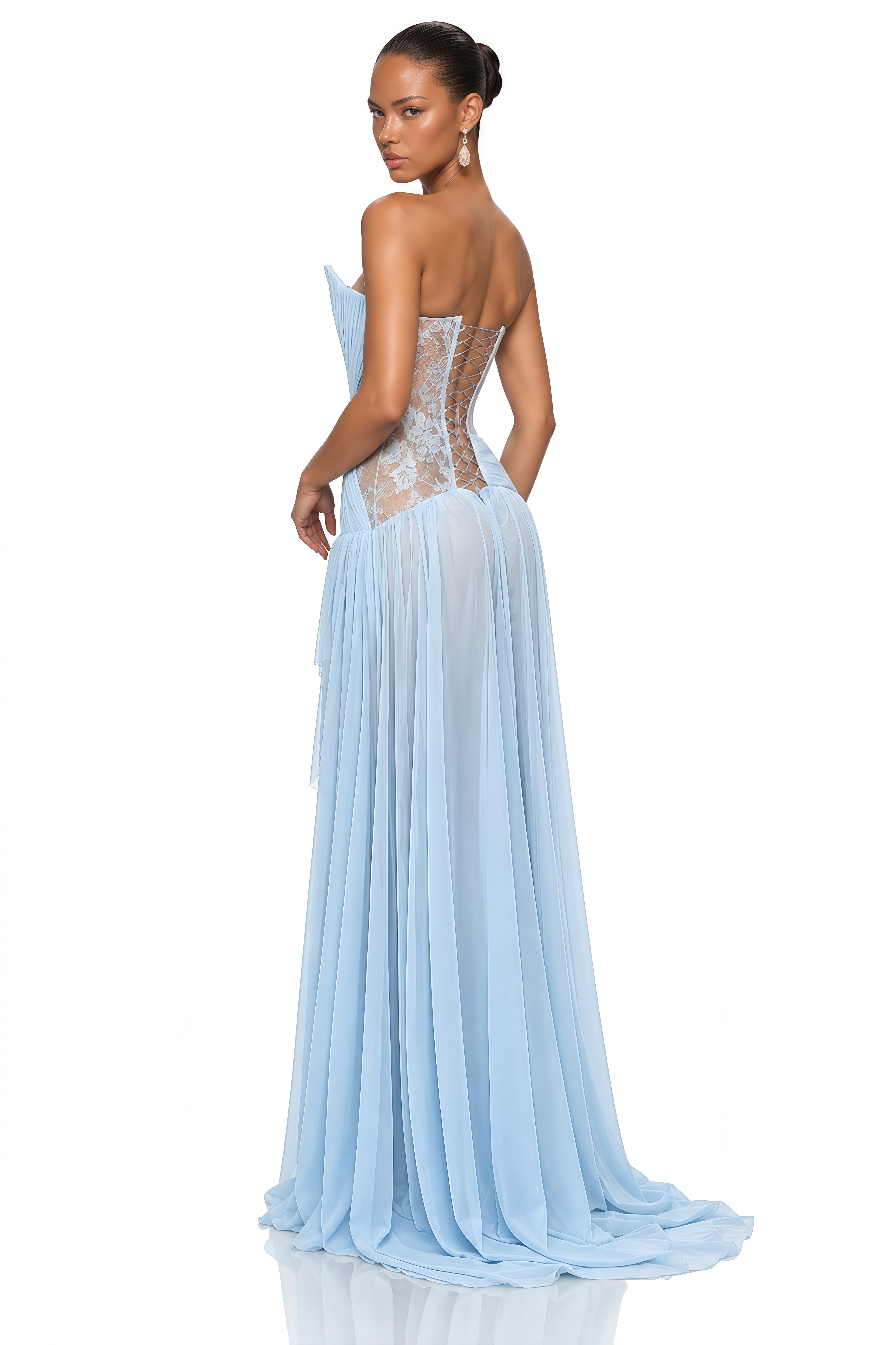 Ailsa Blue Strapless Pleated Lace Maxi Dress