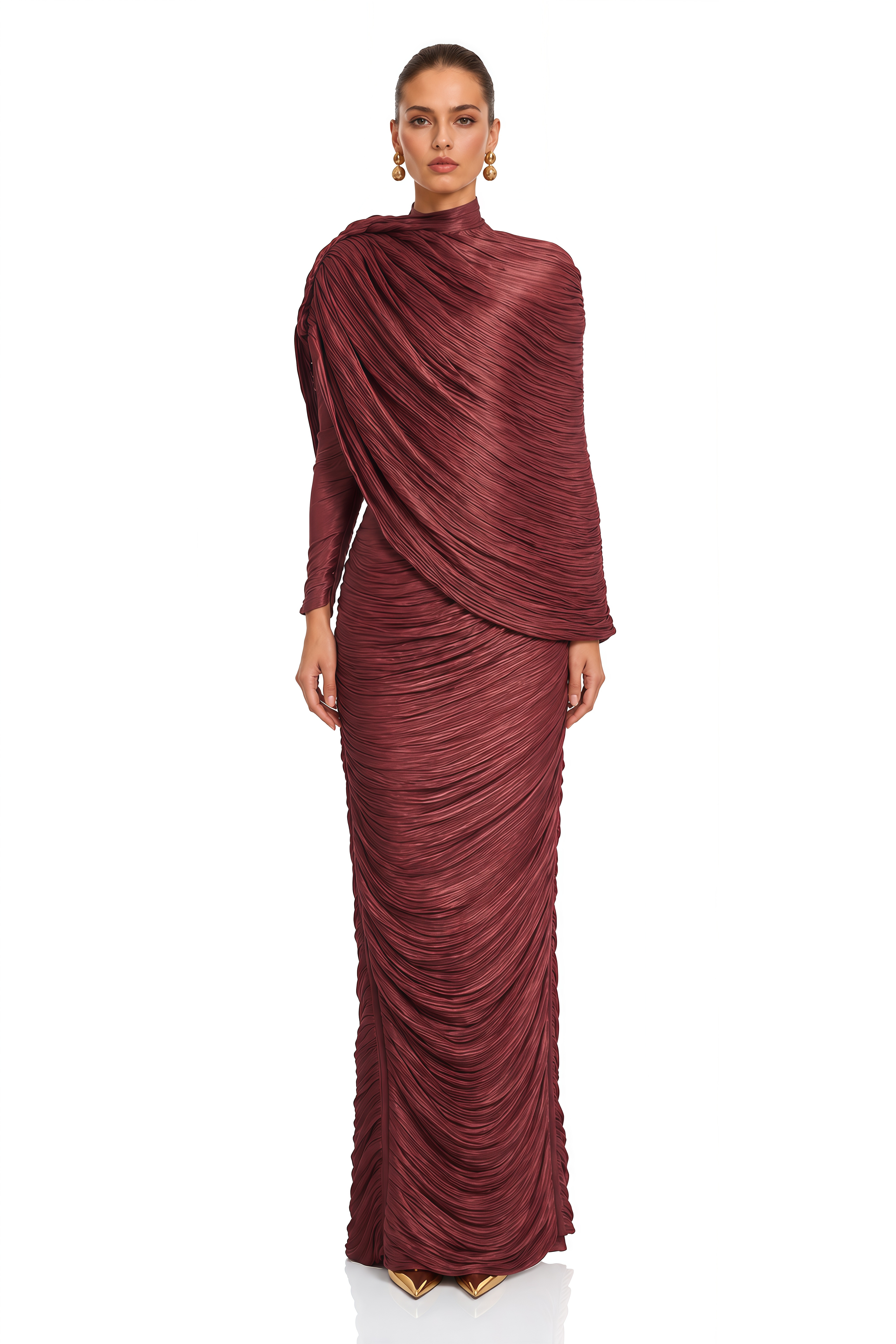 Airlie Burgundy Asymmetrical Draped Ruched Maxi Dress