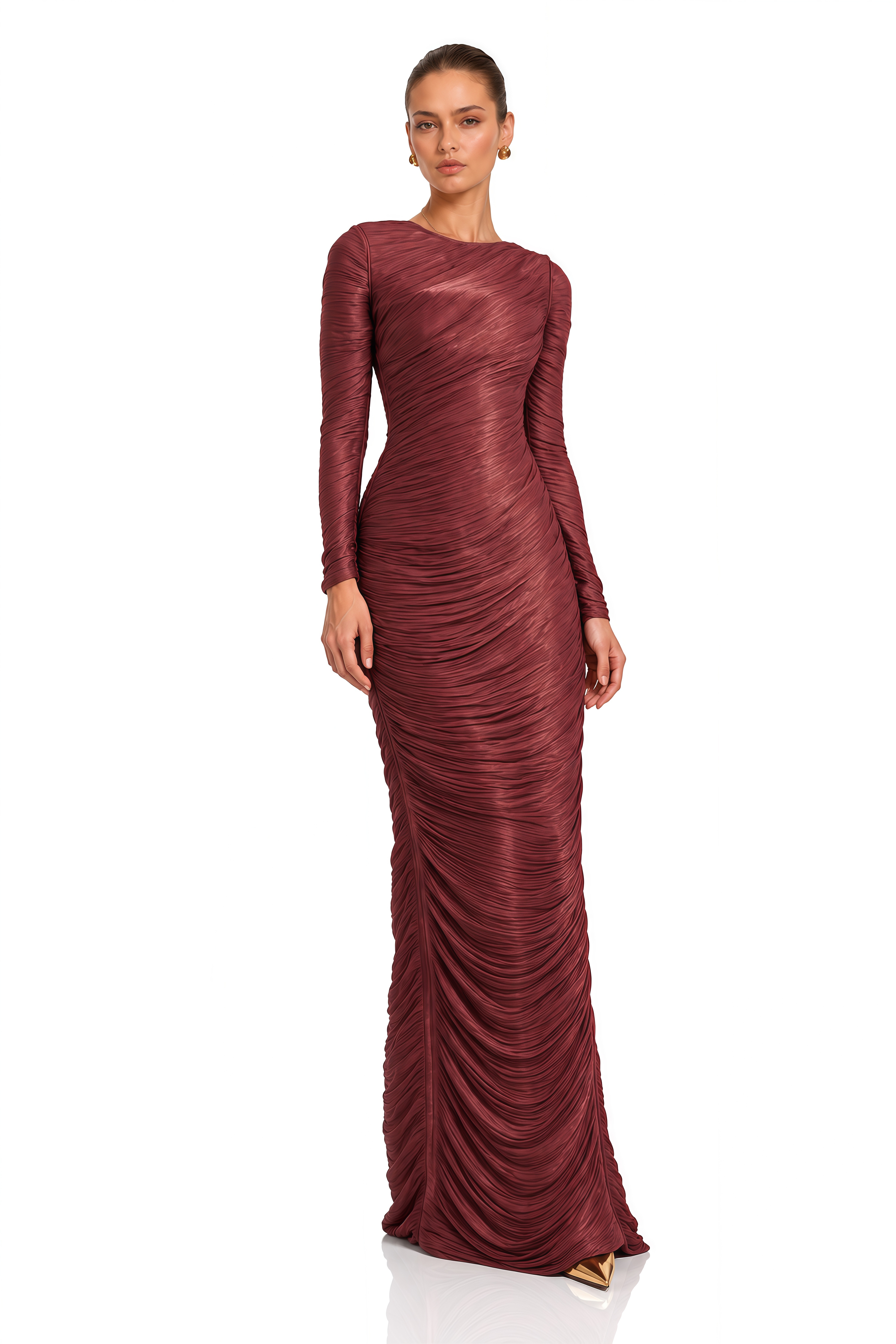 Airlie Burgundy Asymmetrical Draped Ruched Maxi Dress