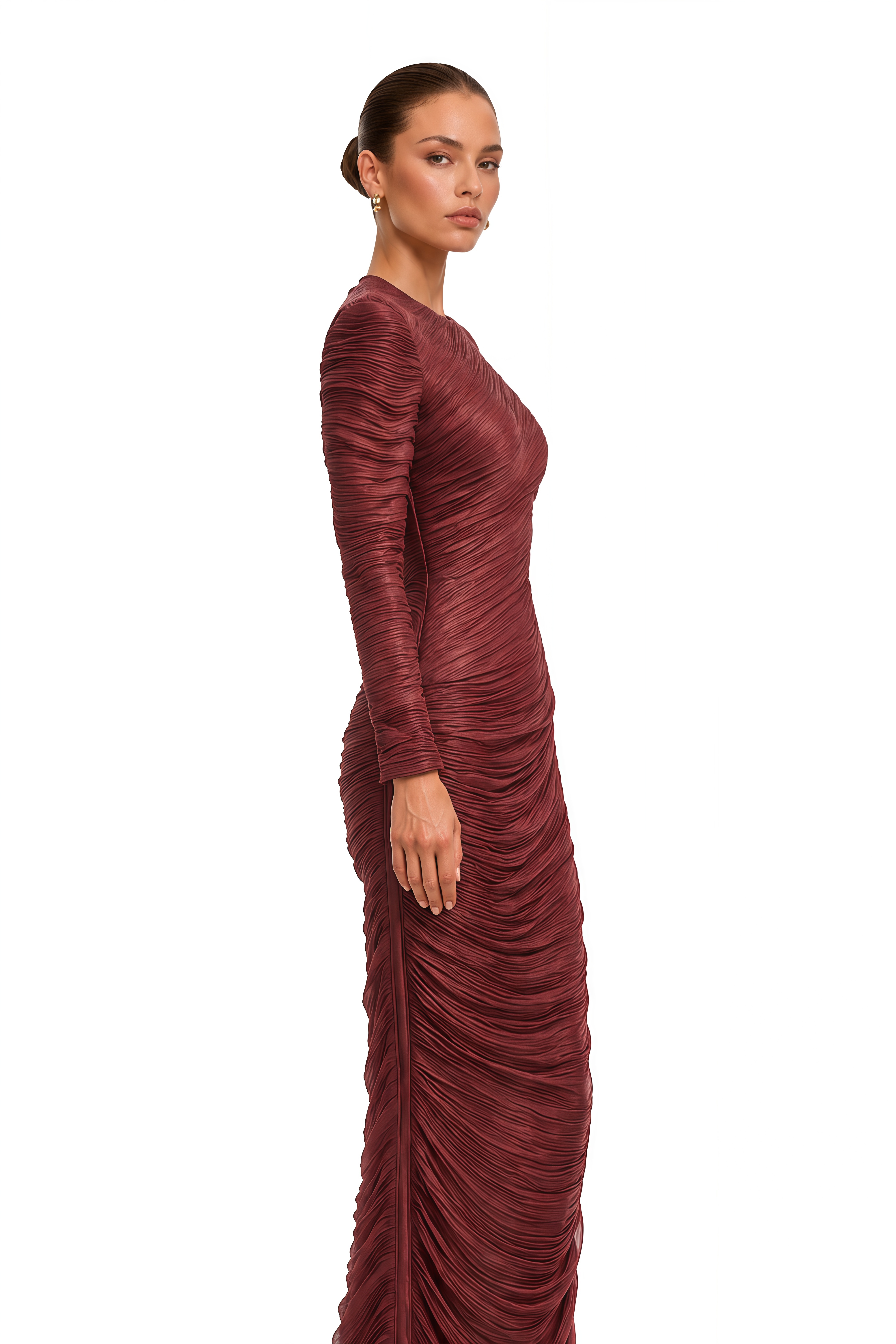 Airlie Burgundy Asymmetrical Draped Ruched Maxi Dress