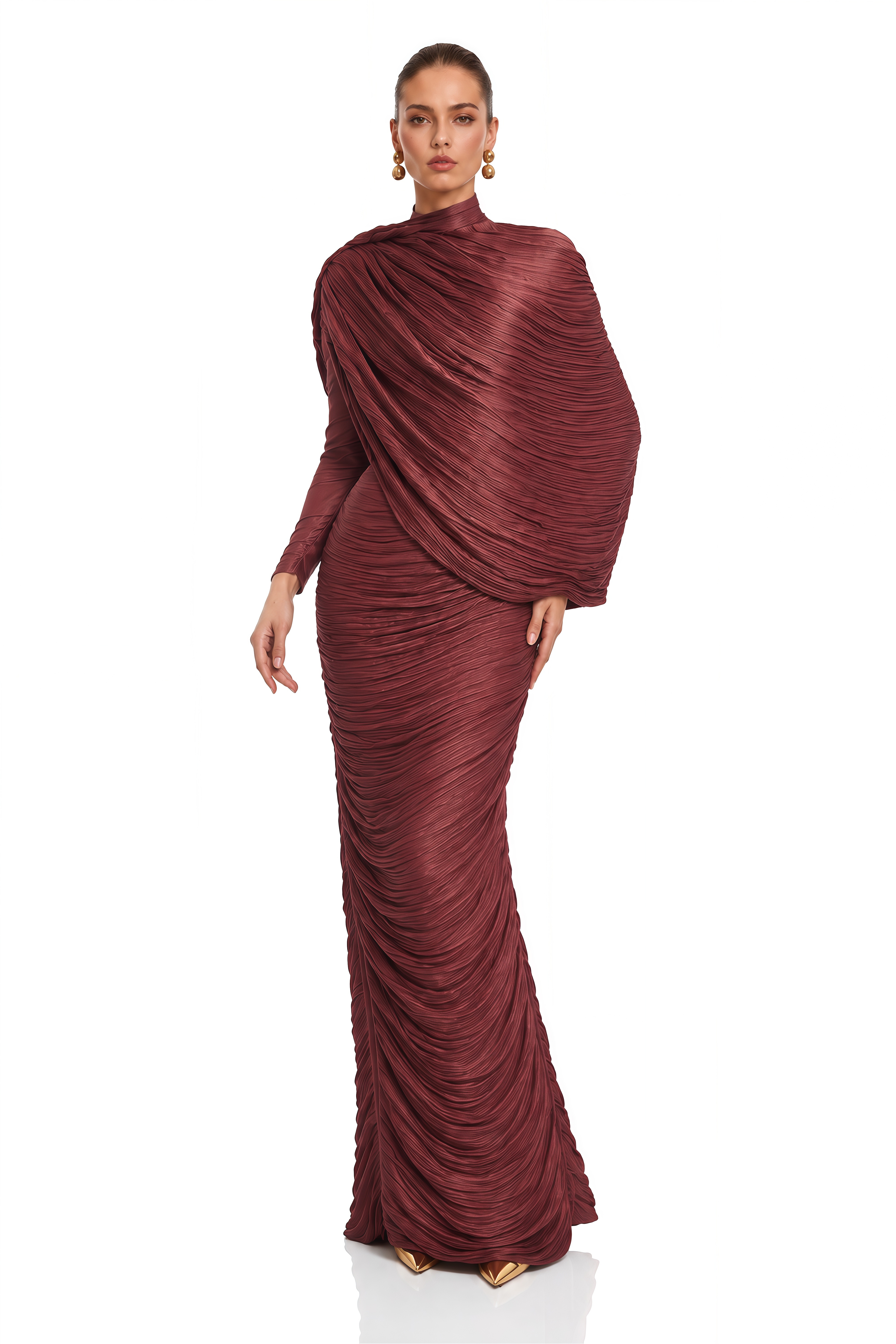 Airlie Burgundy Asymmetrical Draped Ruched Maxi Dress