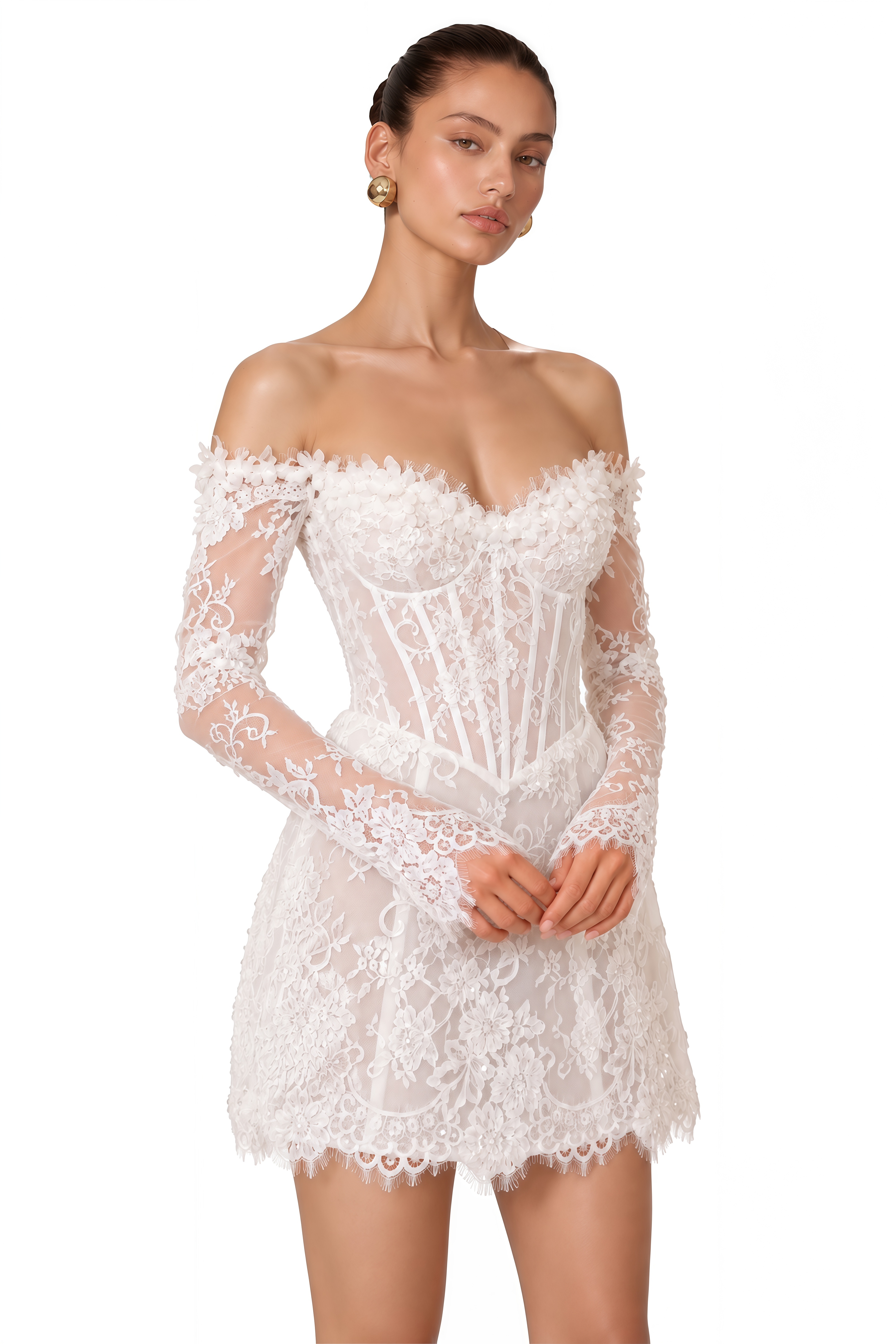 Alessina White Off Shoulder Lace Corset Mini Dress