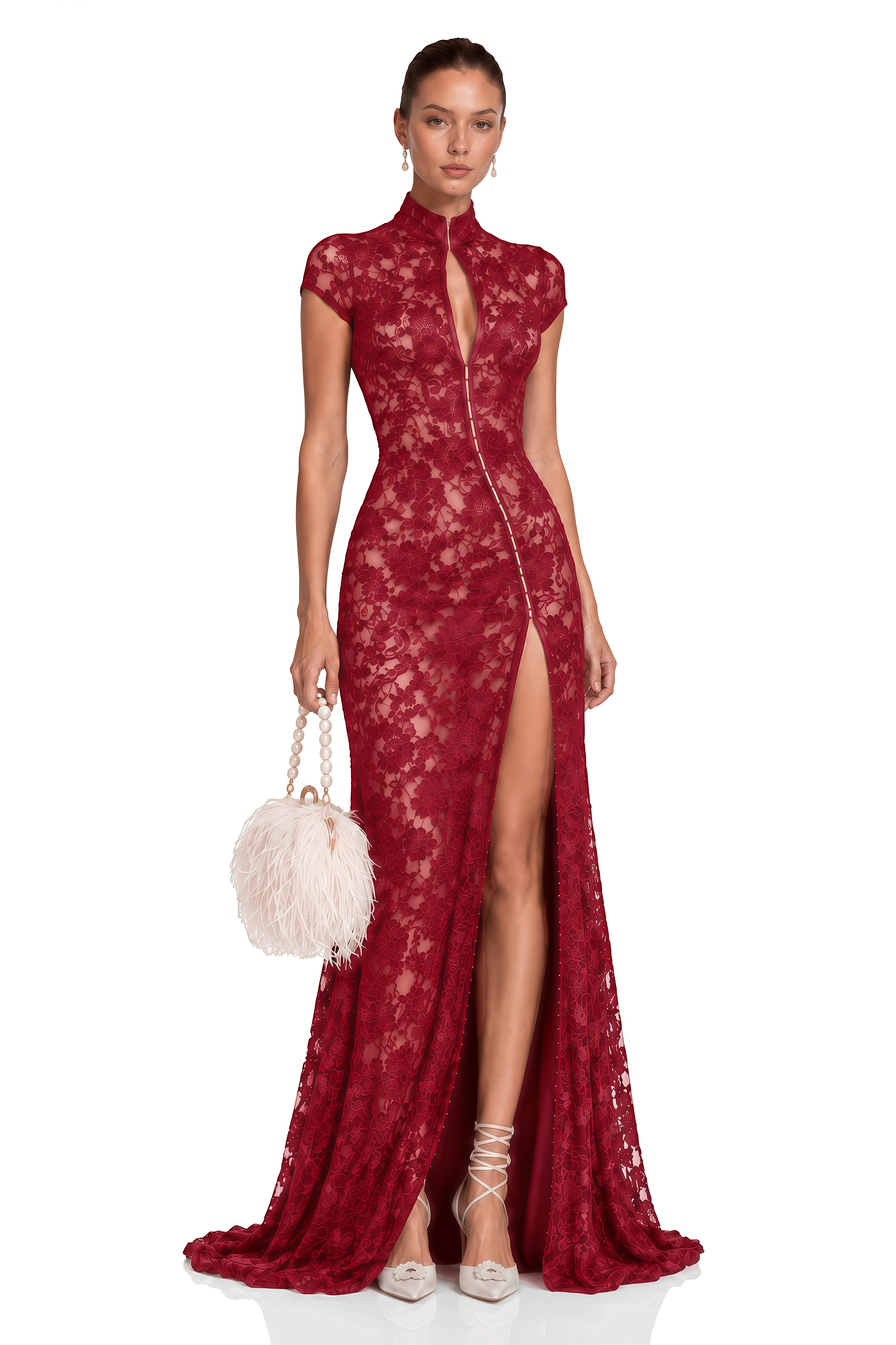 Andrea Burgundy Keyhole Lace Maxi Dress with High Thigh Slit