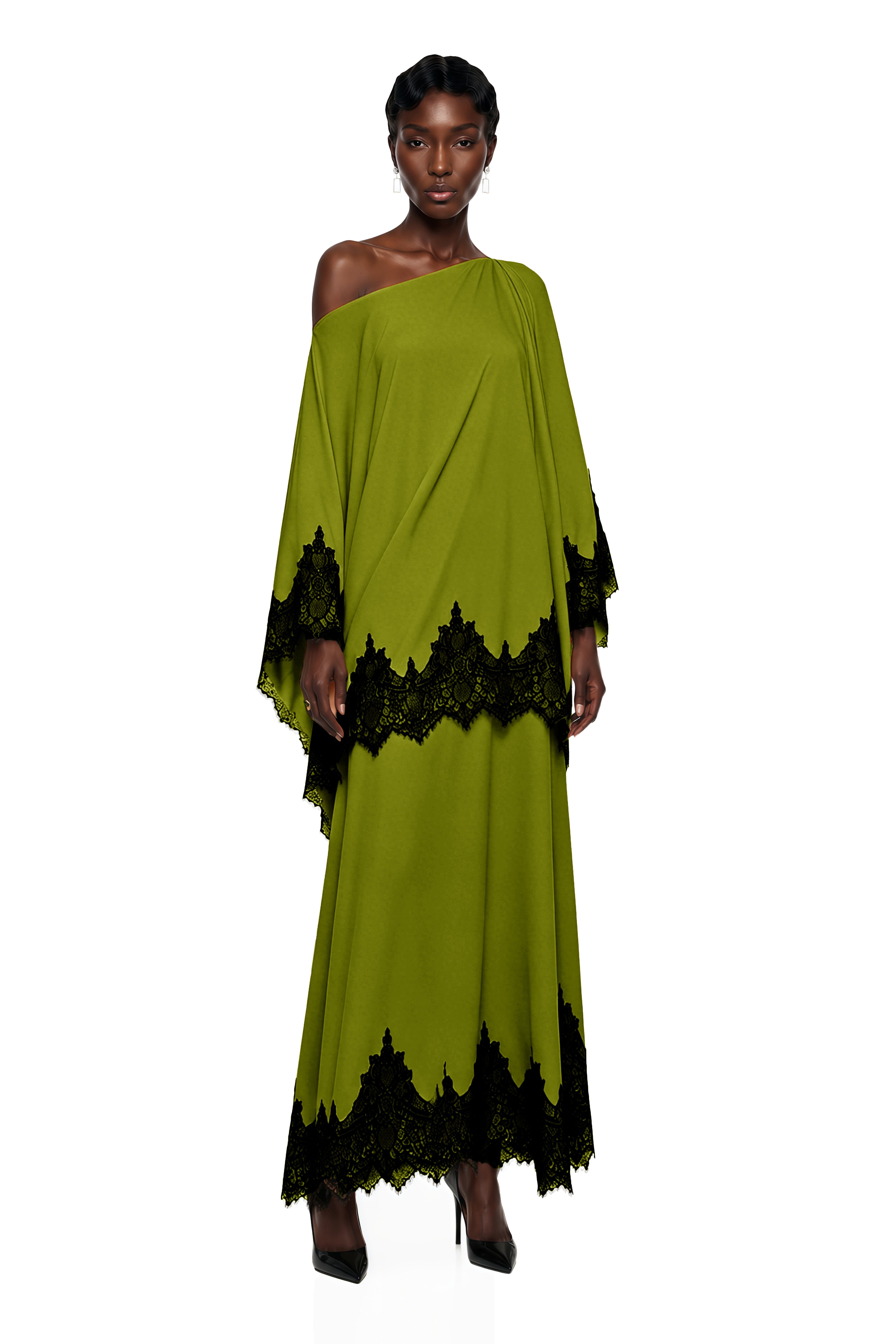 Aoraki Green One Shoulder Top & Skirt Set with Lace Trim