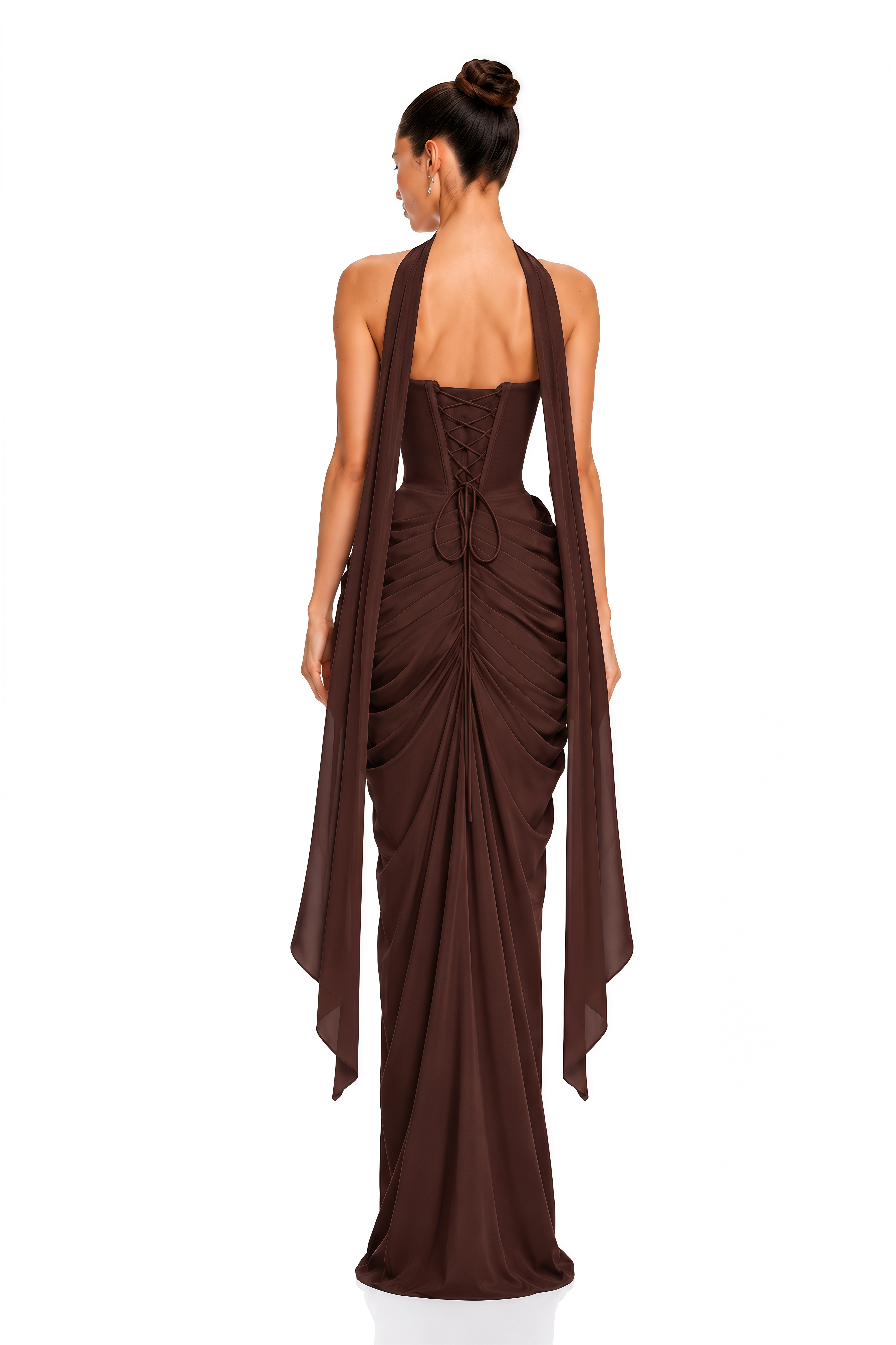 Arlena Chocolate Brown Strapless Corset Draped Maxi Dress