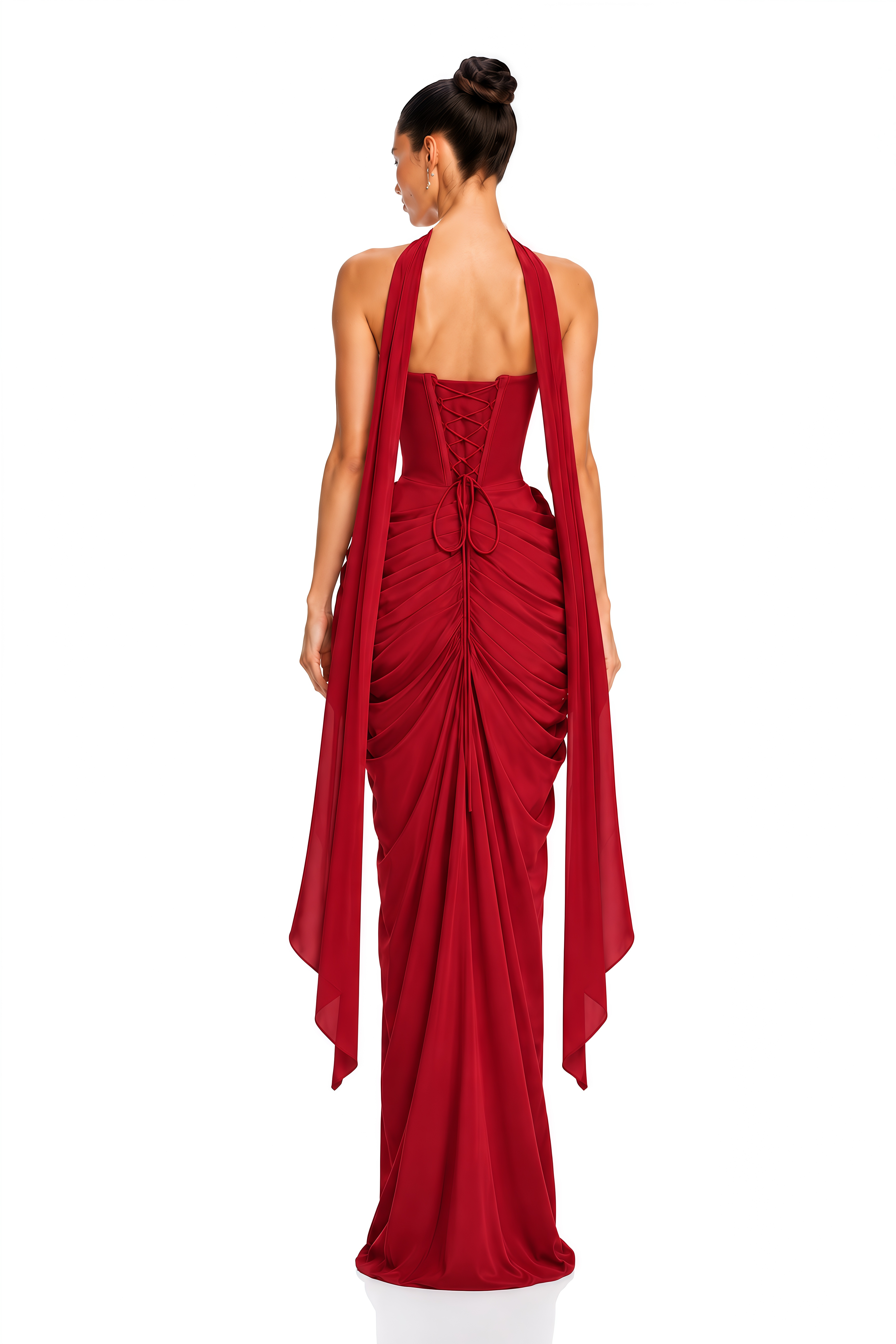 Arlena Red Strapless Corset Draped Maxi Dress
