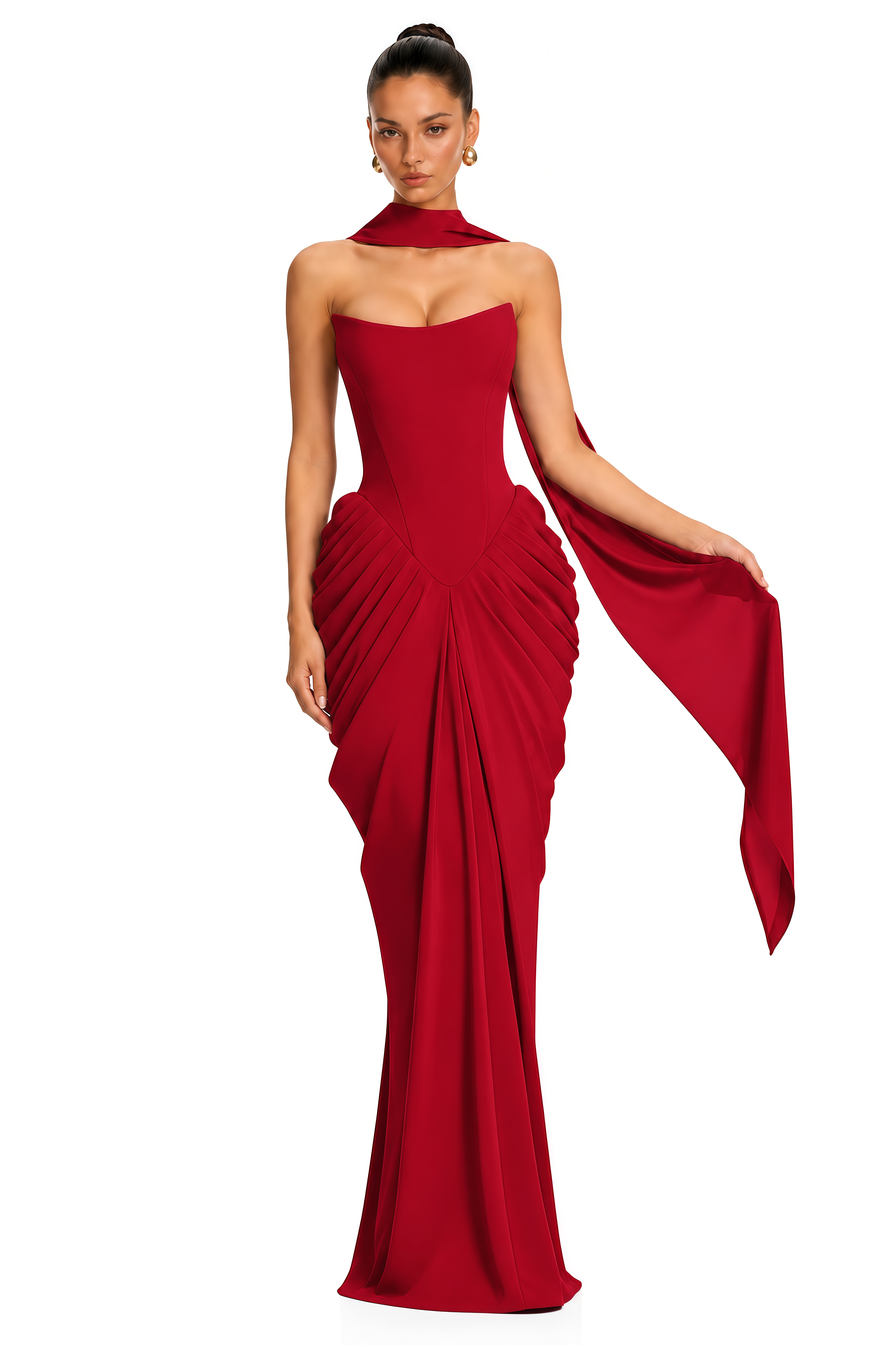Arlena Red Strapless Corset Draped Maxi Dress