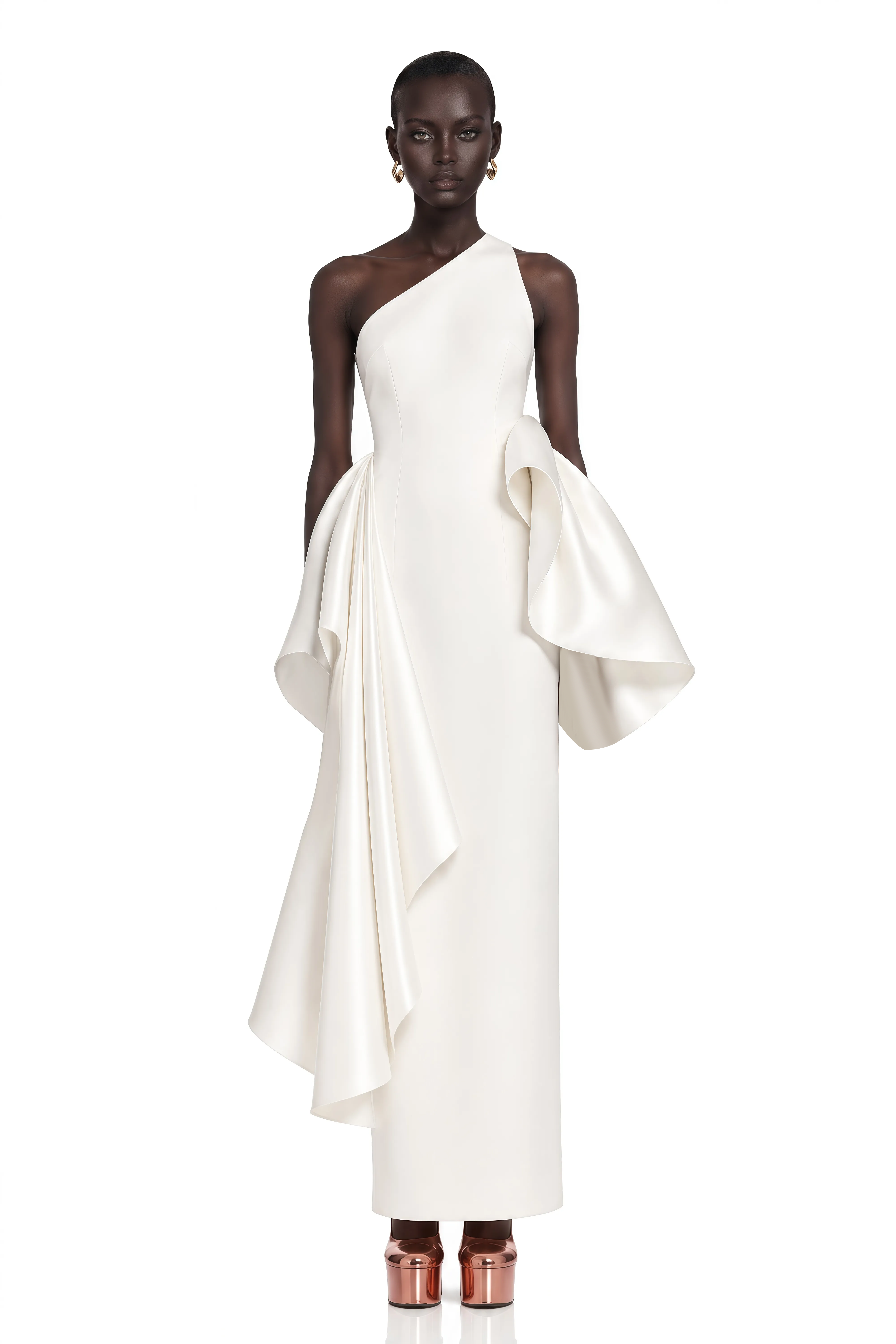 Arya Ivory One Shoulder Sculptural Draped Maxi Dress