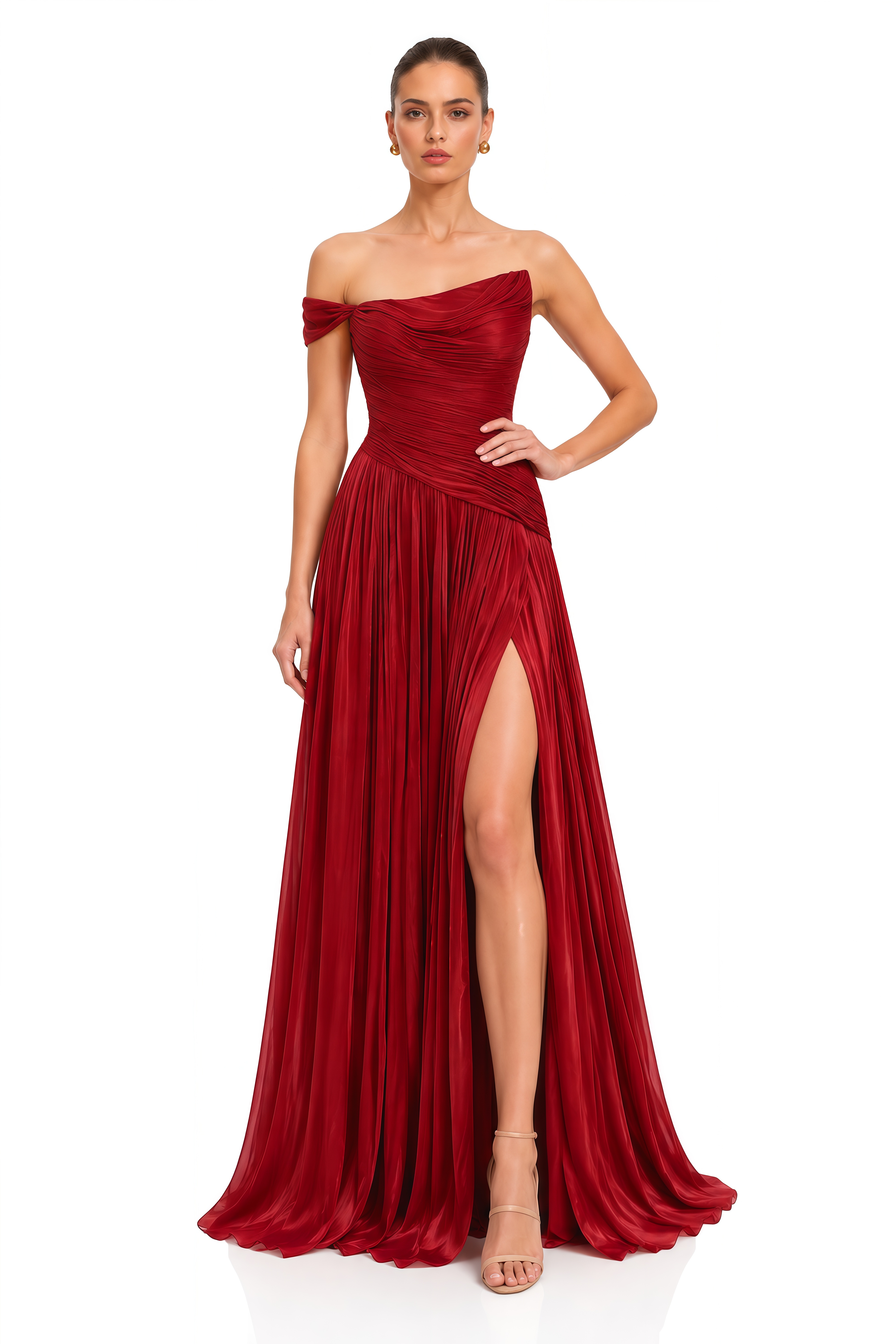 Asiyah Burgundy Asymmetrical Ruched Maxi Dress