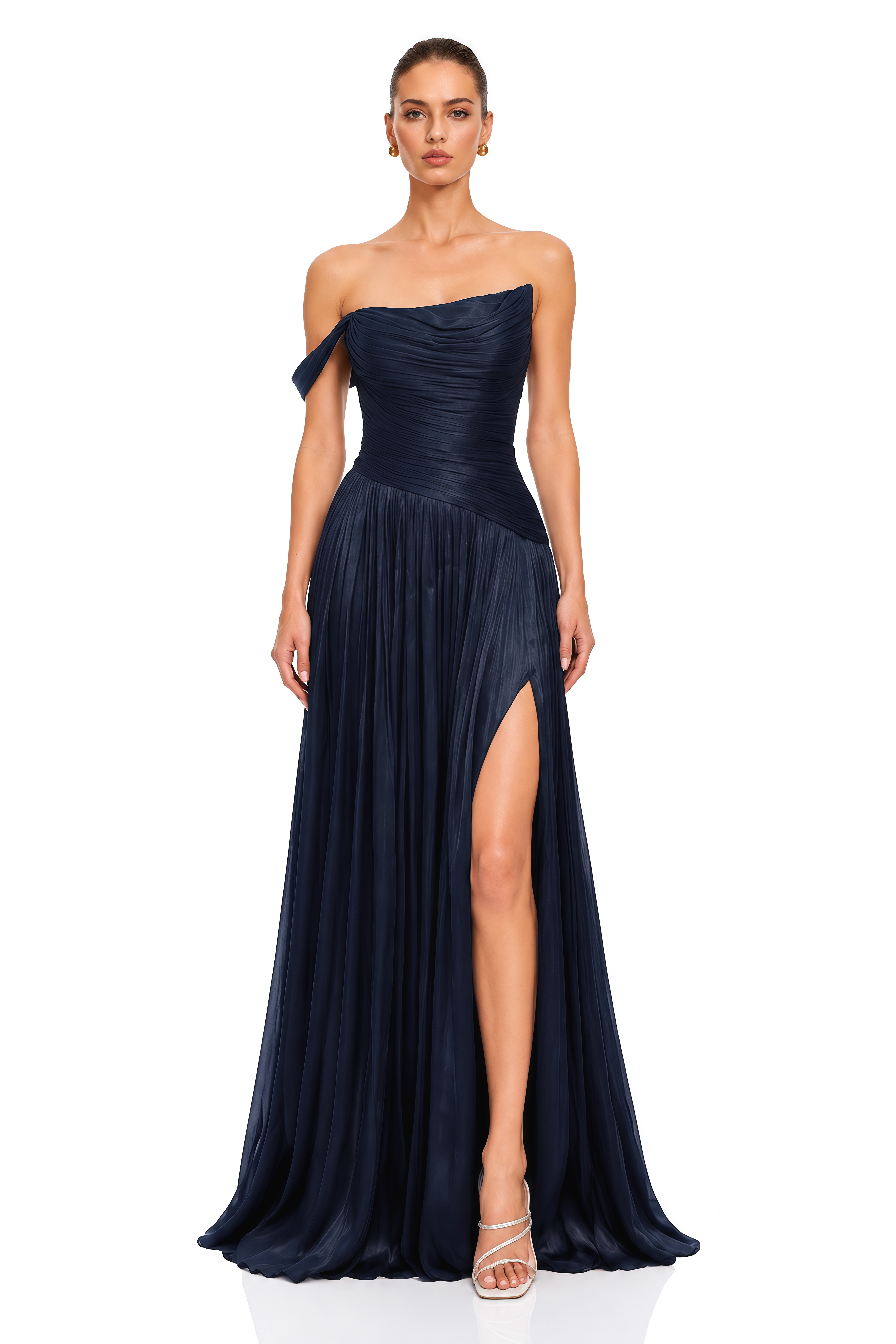 Asiyah Navy Blue Asymmetrical Ruched Maxi Dress