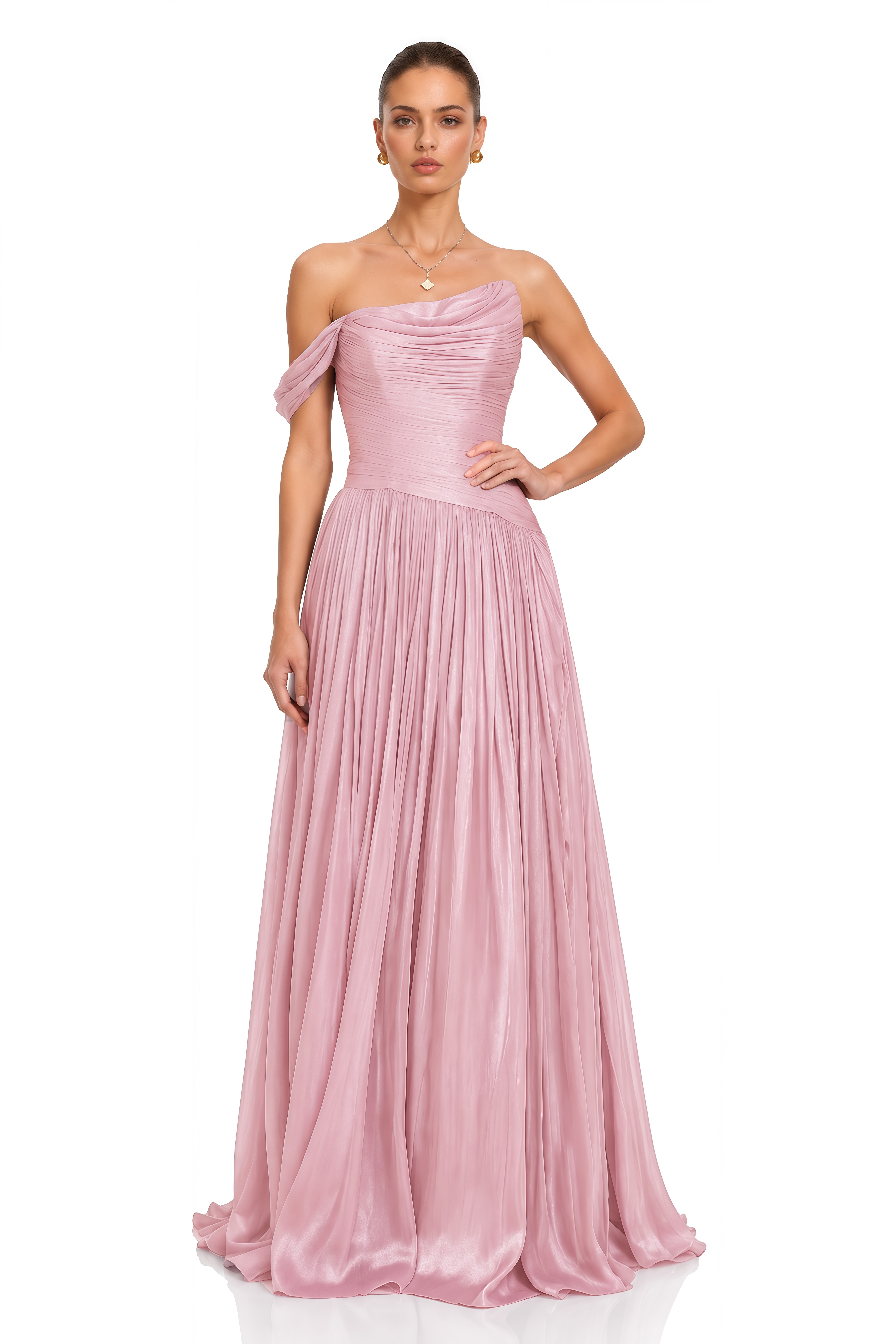 Asiyah Pink Asymmetrical Ruched Maxi Dress