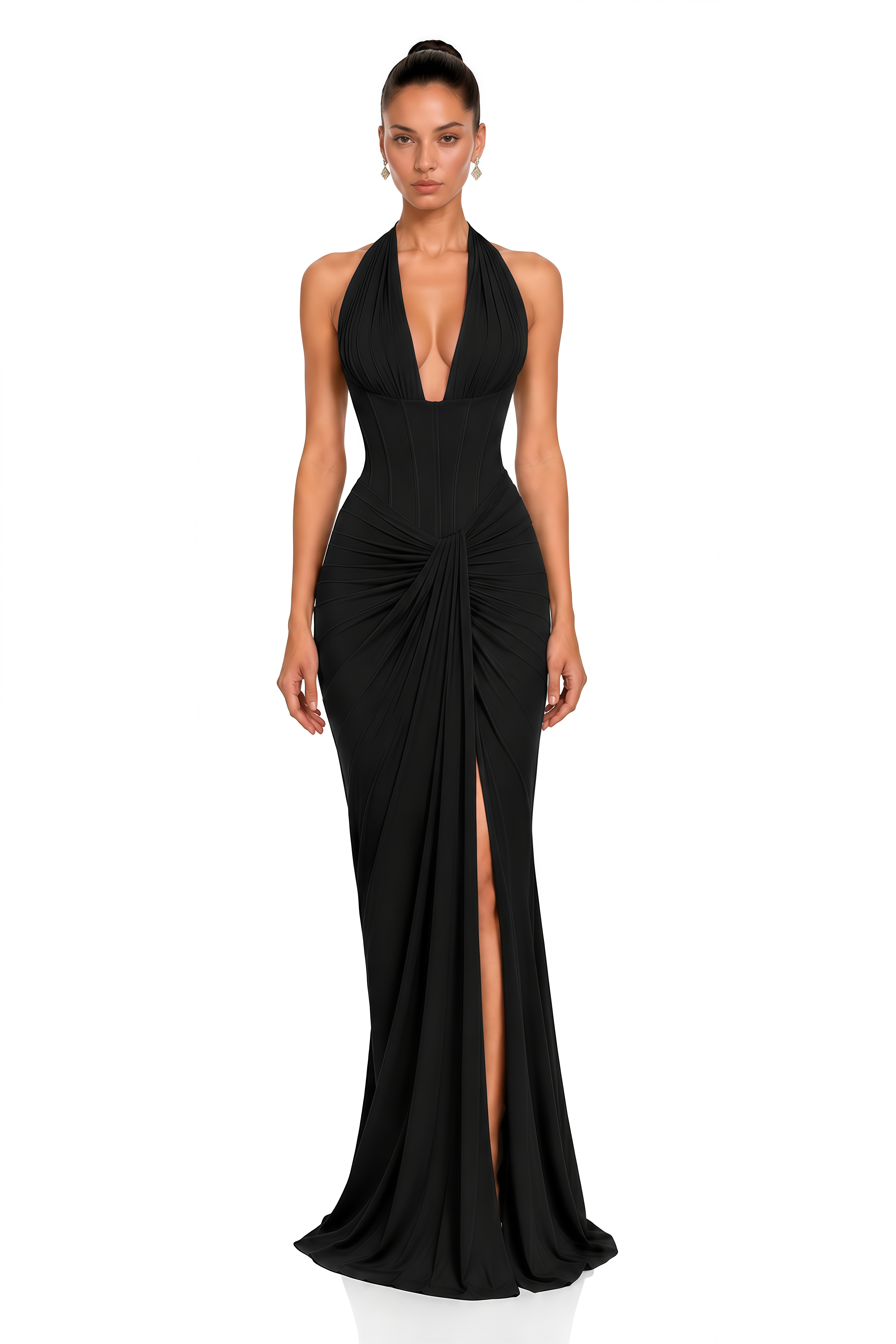 Ayesha Black Halterneck Ruched Maxi Dress