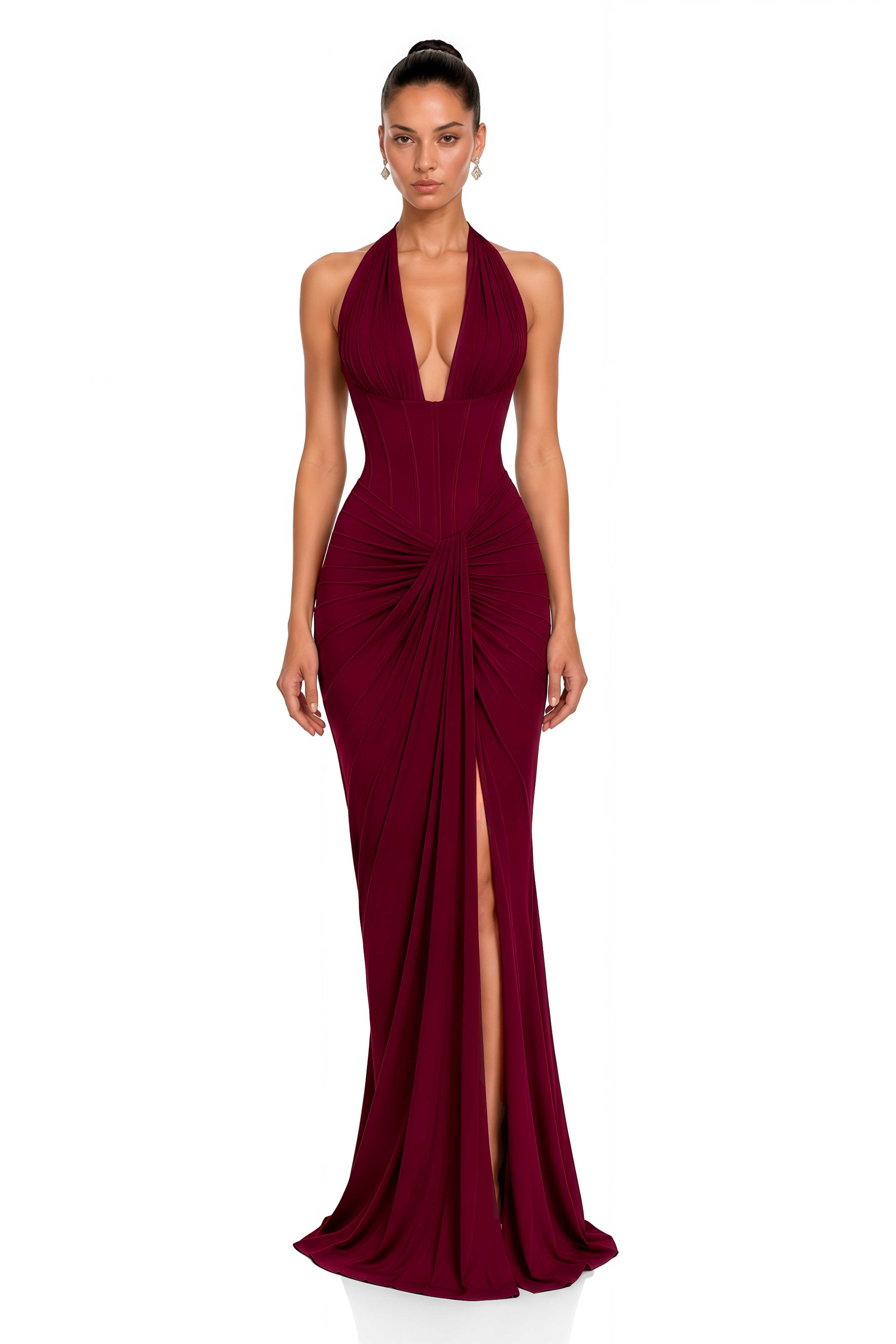 Ayesha Burgundy Halterneck Ruched Maxi Dress