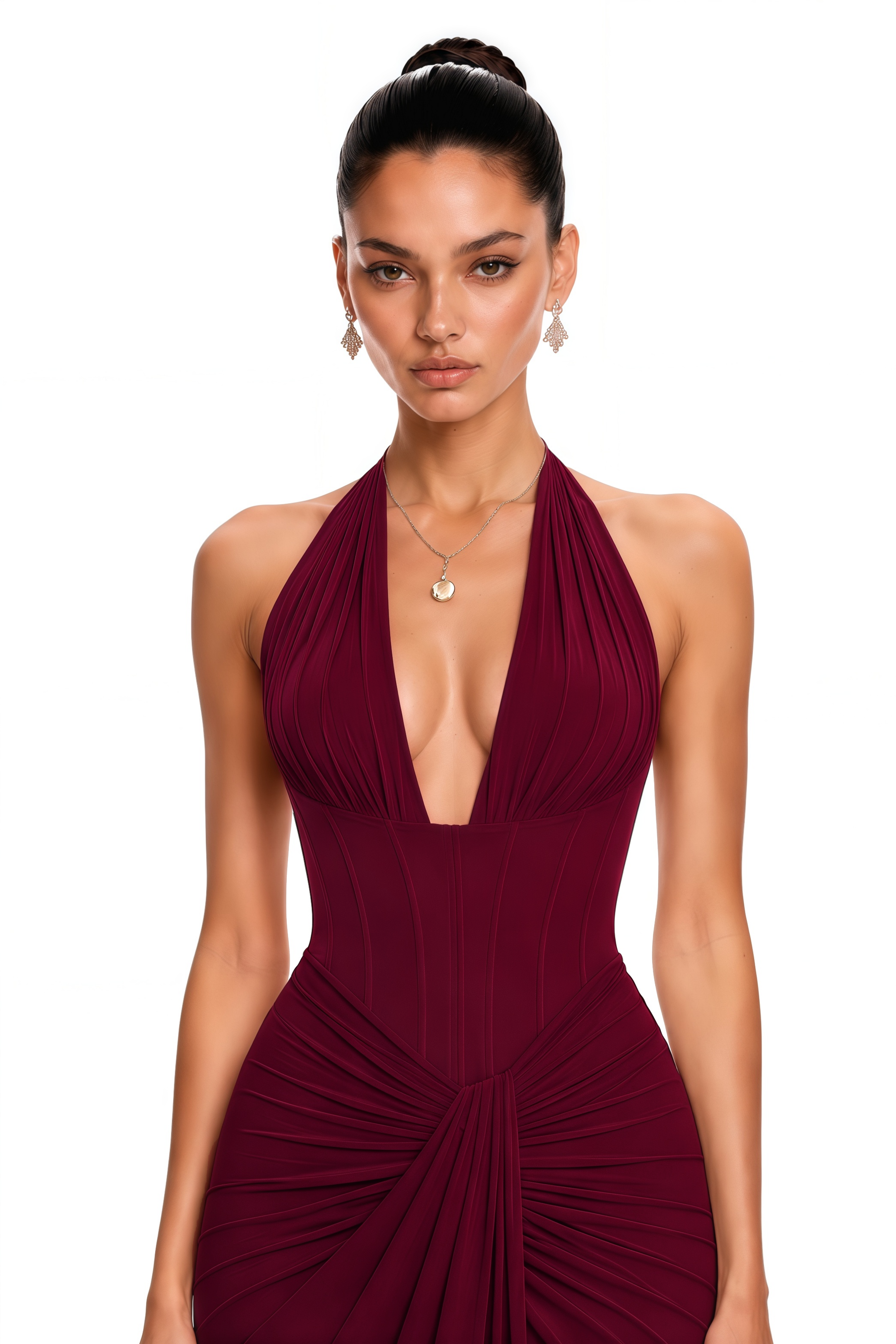 Ayesha Burgundy Halterneck Ruched Maxi Dress
