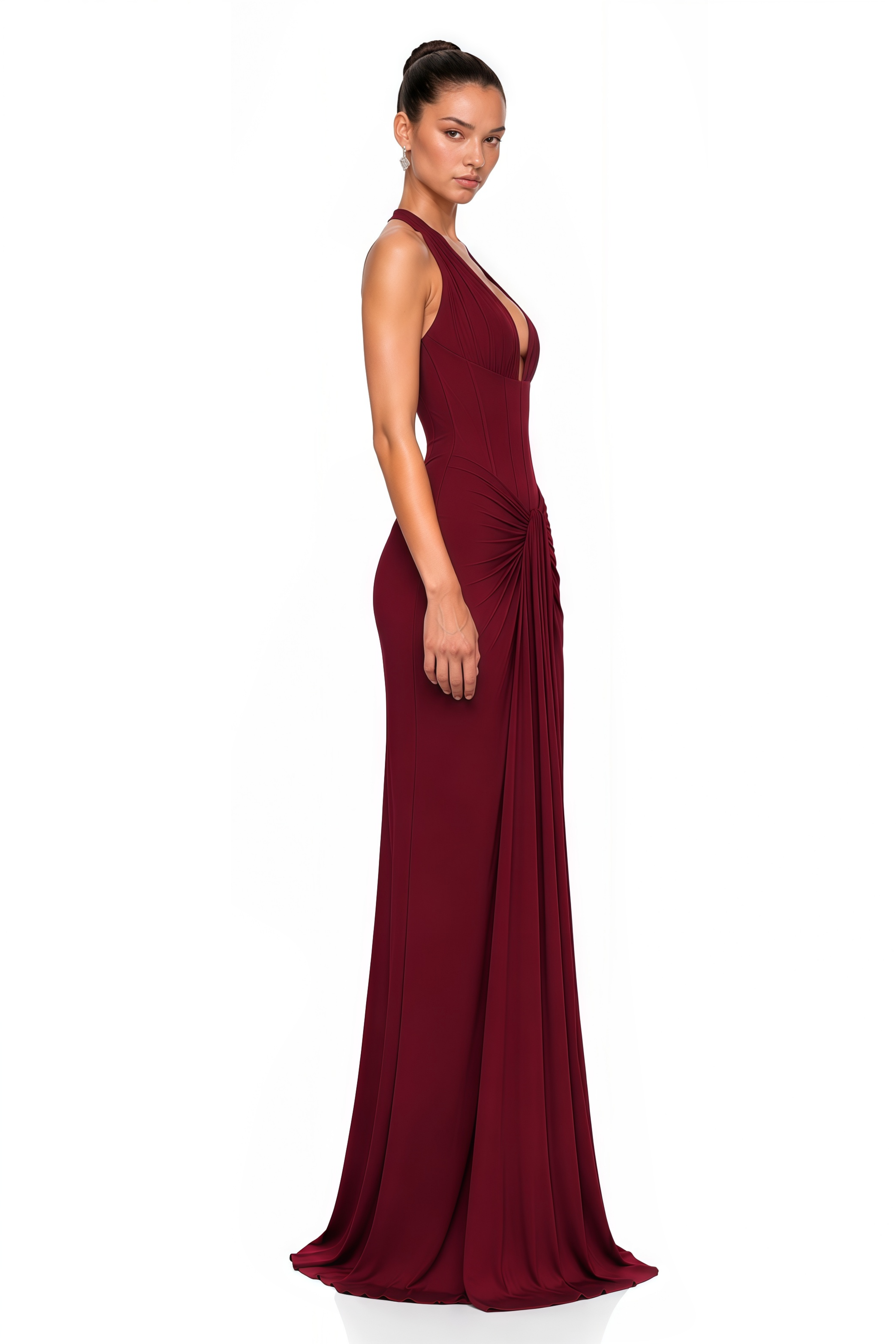 Ayesha Burgundy Halterneck Ruched Maxi Dress