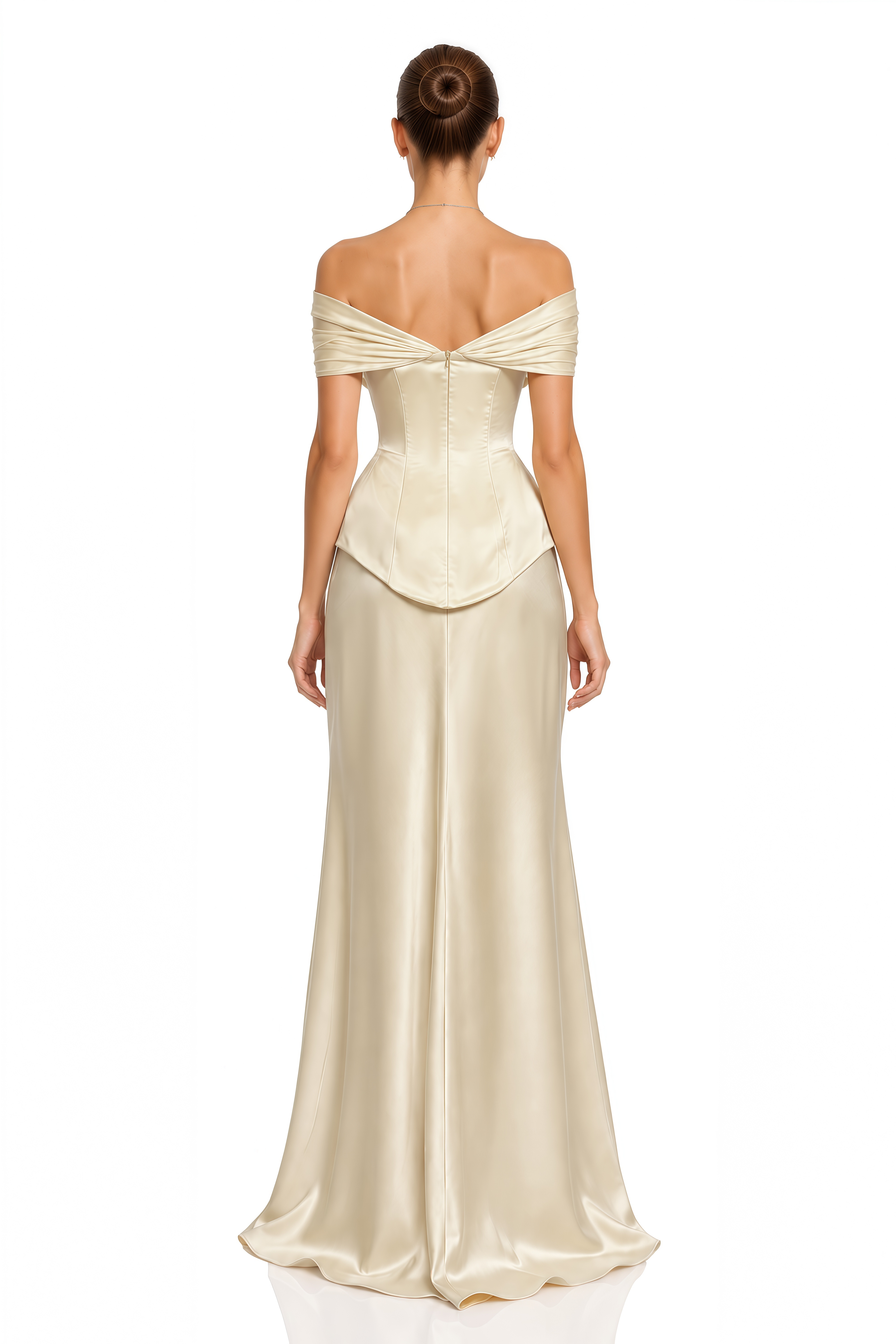Beatrix Champagne Off Shoulder Satin Corset Top & Maxi Skirt Set