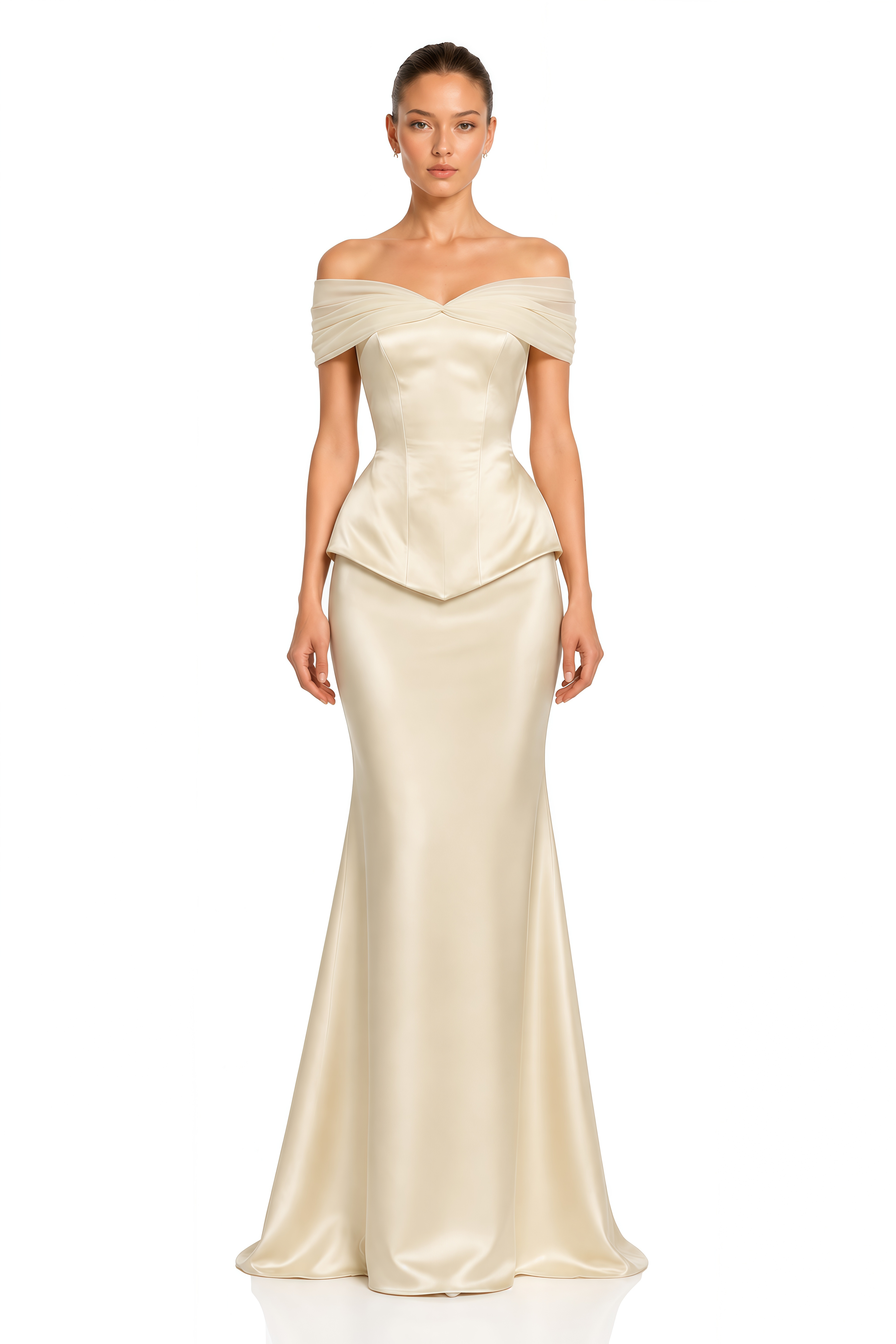 Beatrix Champagne Off Shoulder Satin Corset Top & Maxi Skirt Set
