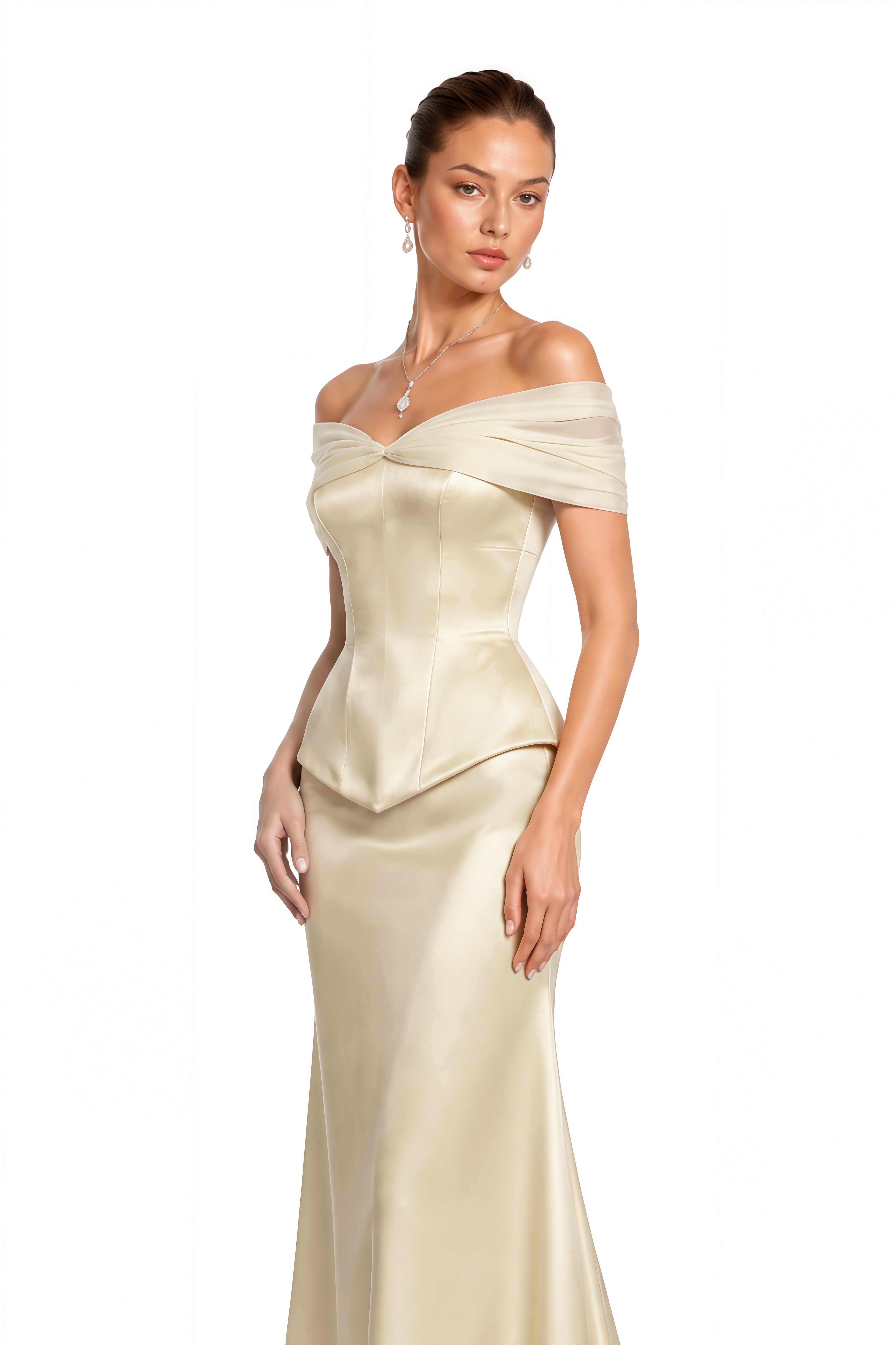 Beatrix Champagne Off Shoulder Satin Corset Top & Maxi Skirt Set