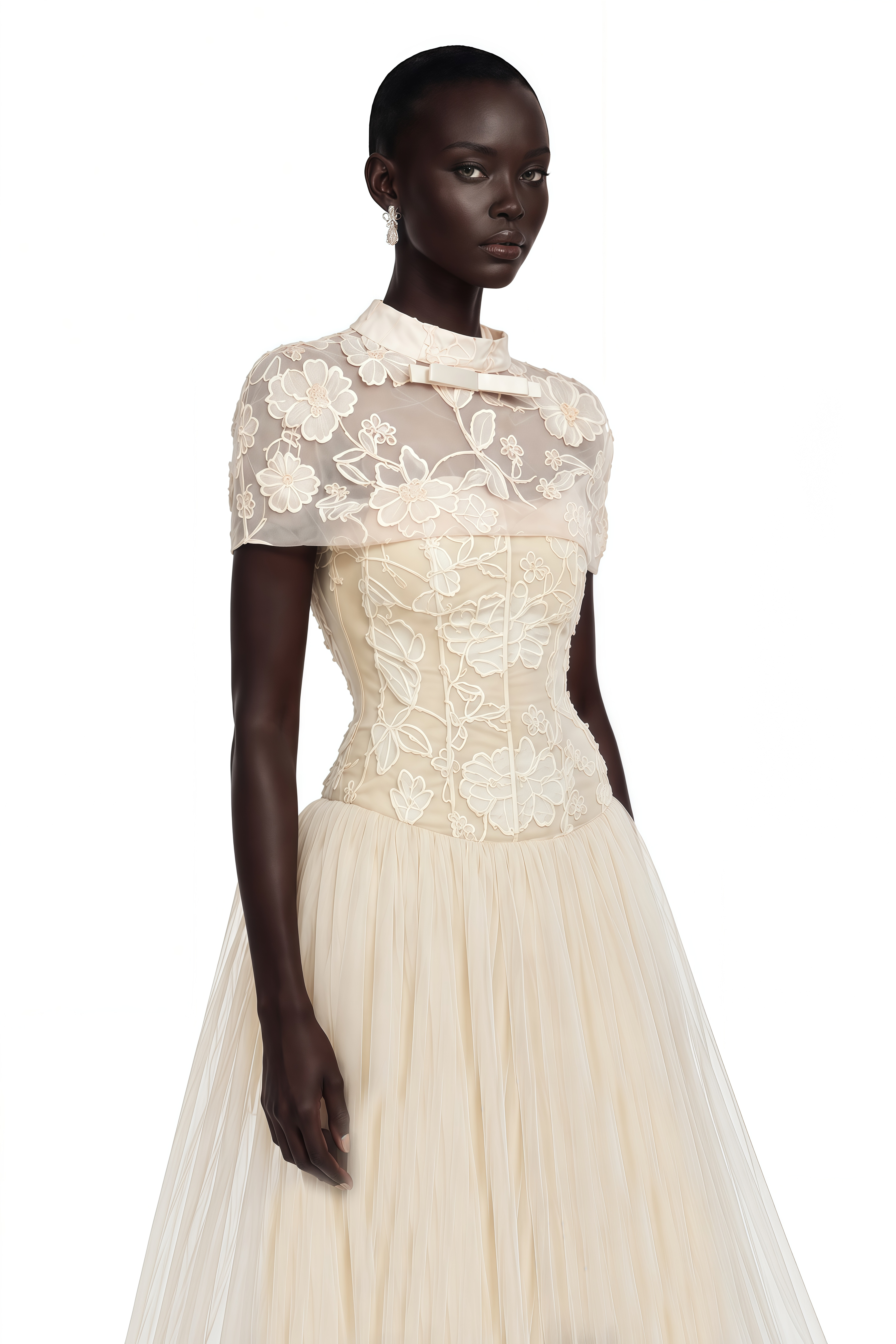 Off-white floral embroidered high-neck dress with a sheer tulle skirt