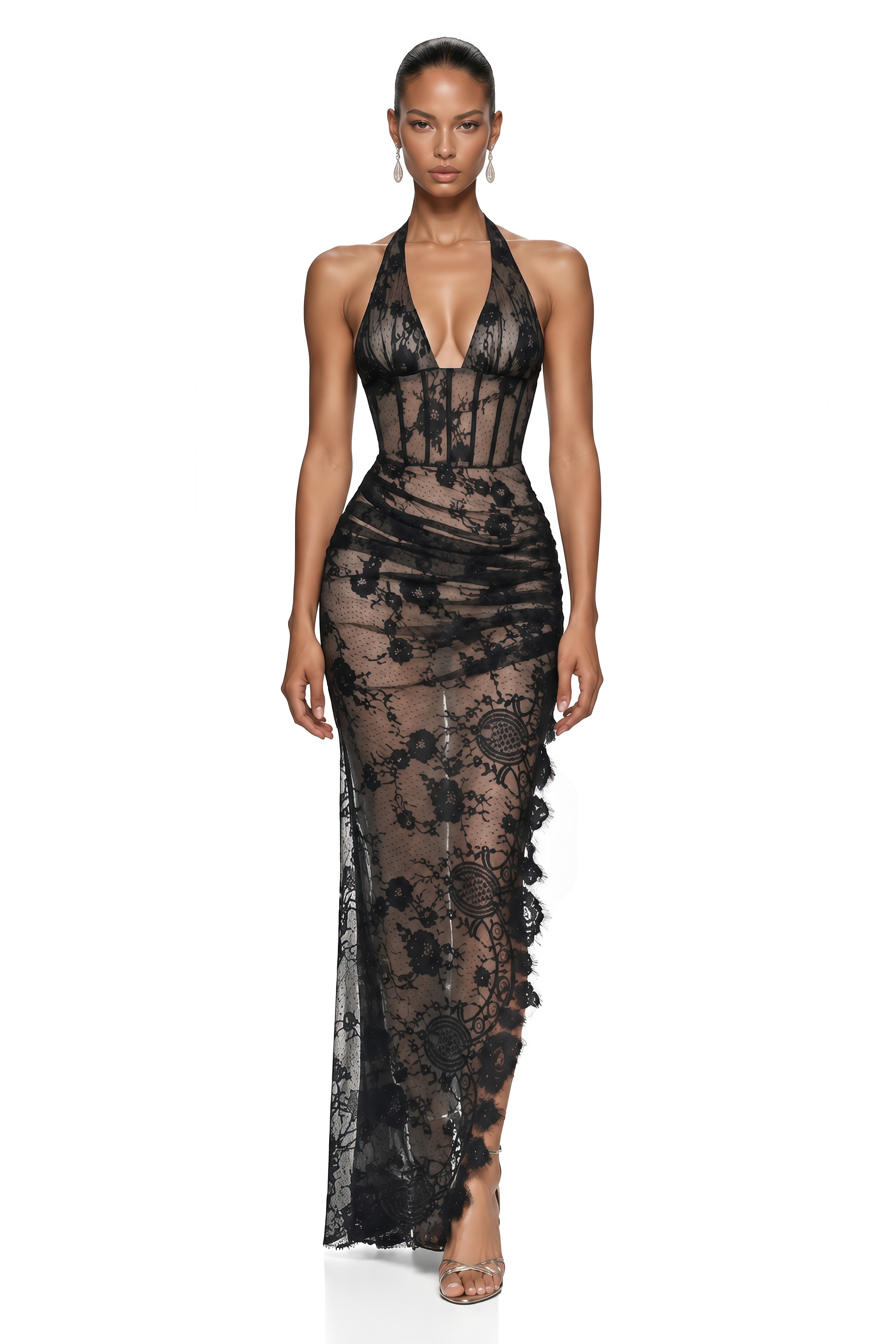 Coraline Black Halterneck Floral Lace Slit Maxi Dress