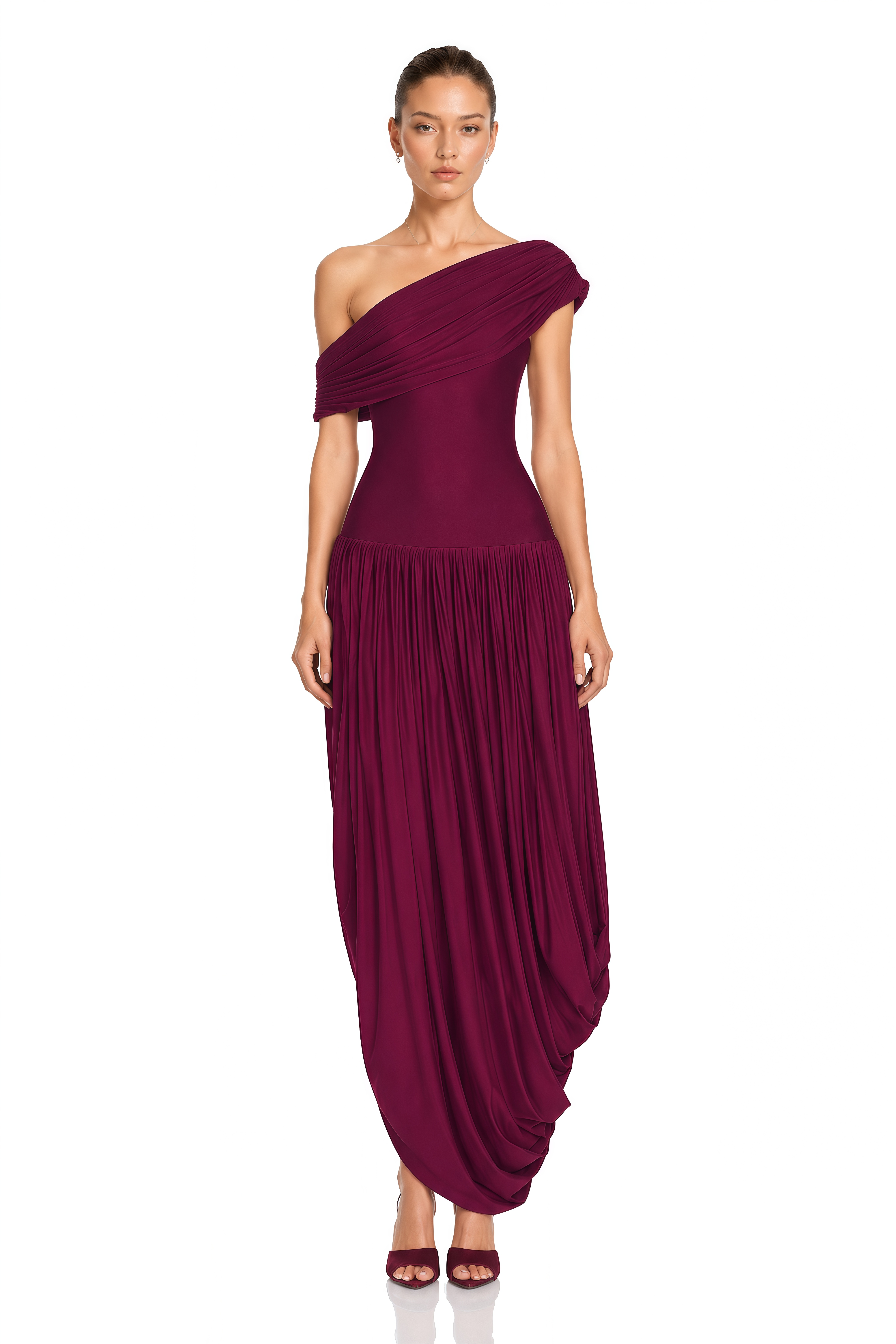 Waziha Burgundy Asymmetrical Off Shoulder Draped Maxi Dress