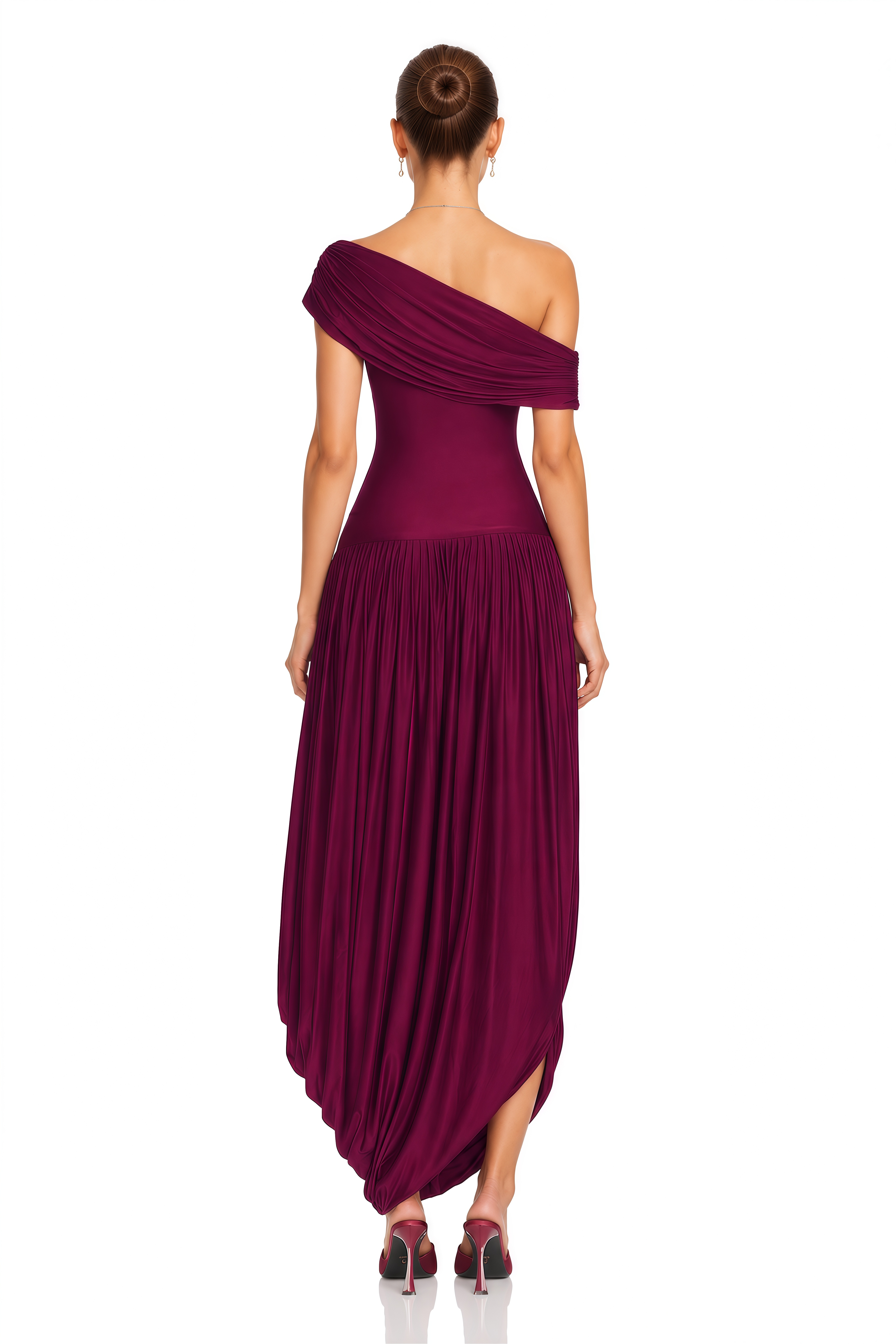 Waziha Burgundy Asymmetrical Off Shoulder Draped Maxi Dress