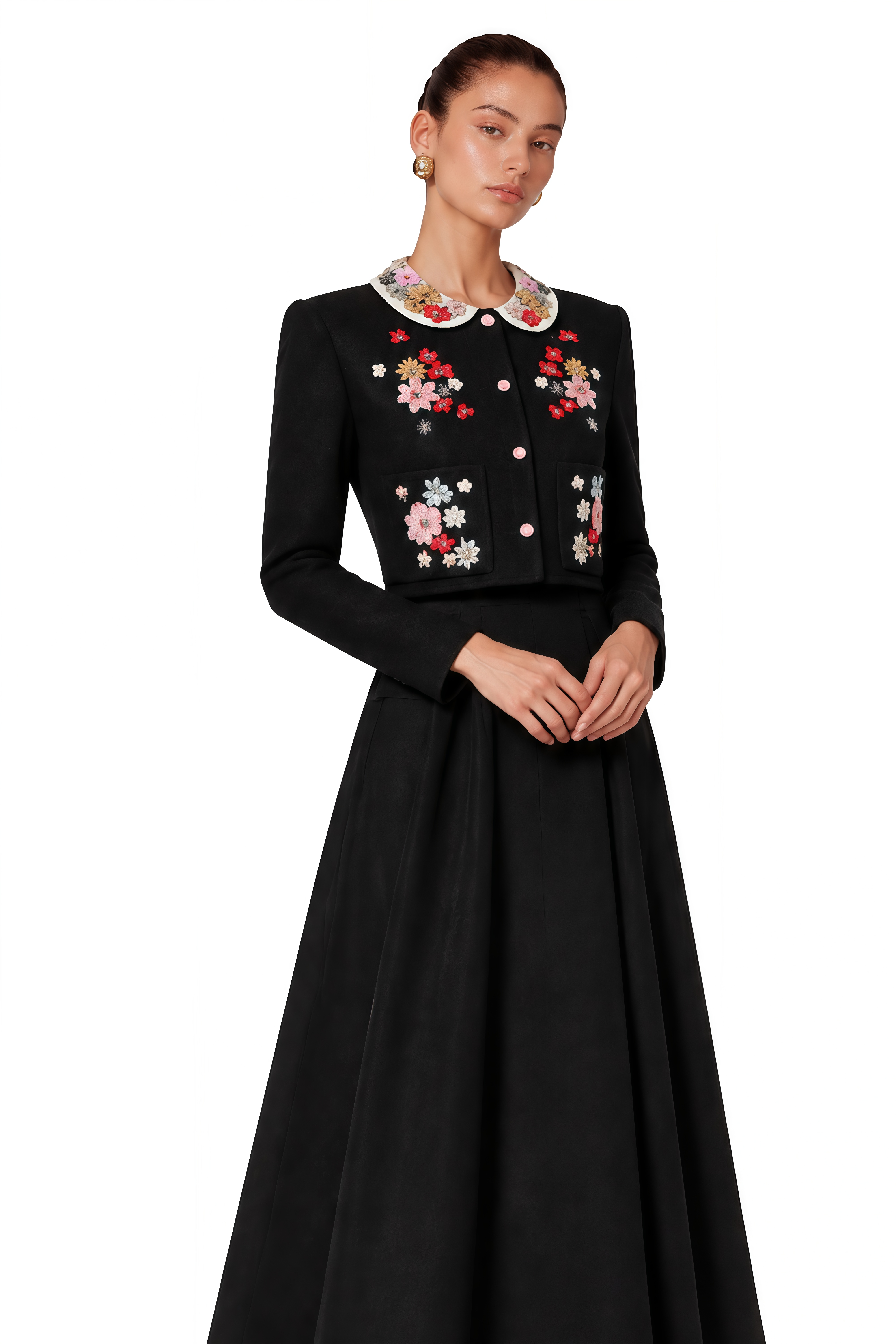 Calista Black Floral Embroidered Jacket & Skirt Set