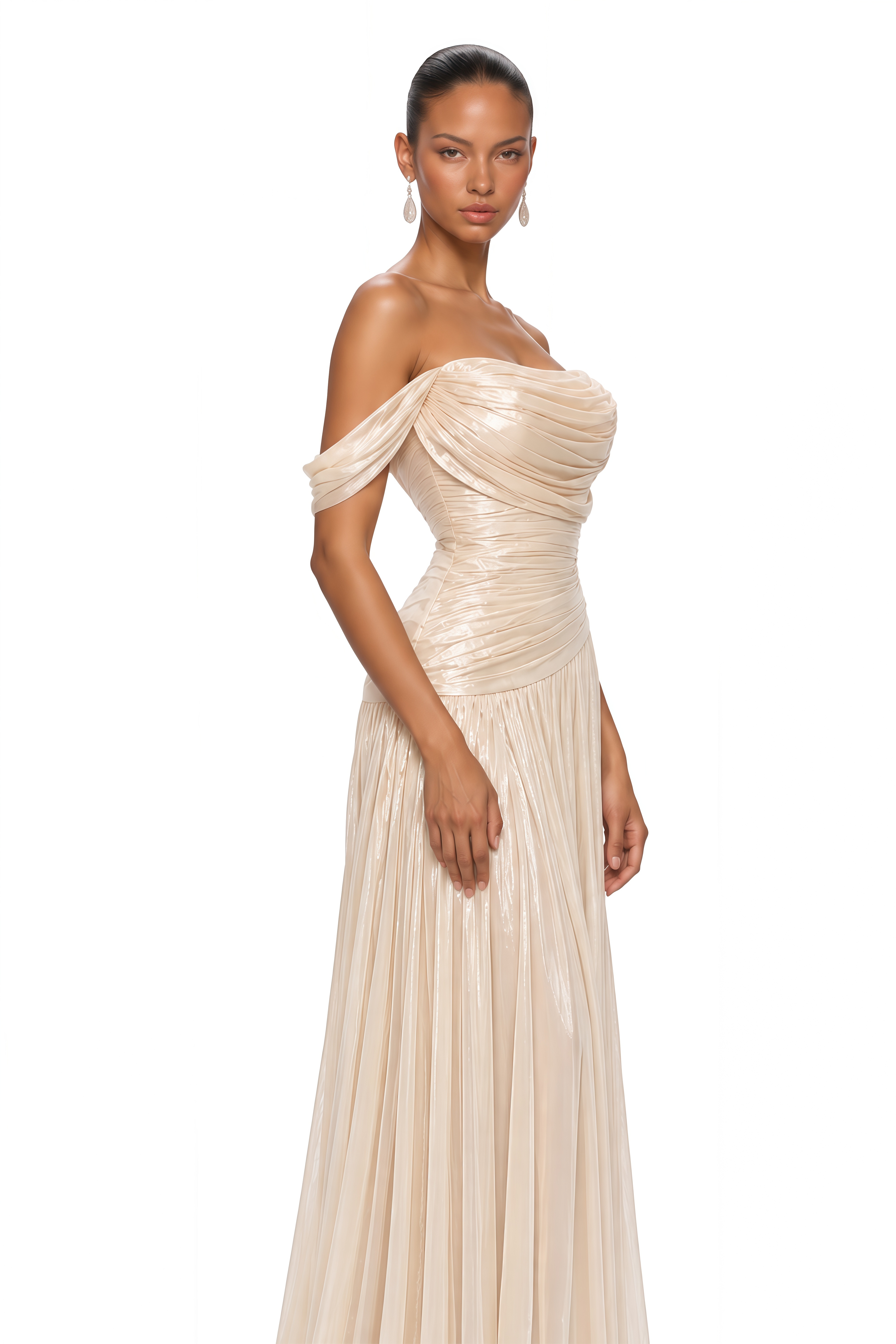 Campbell Neutral Off Shoulder Draped Pleated Maxi Dress