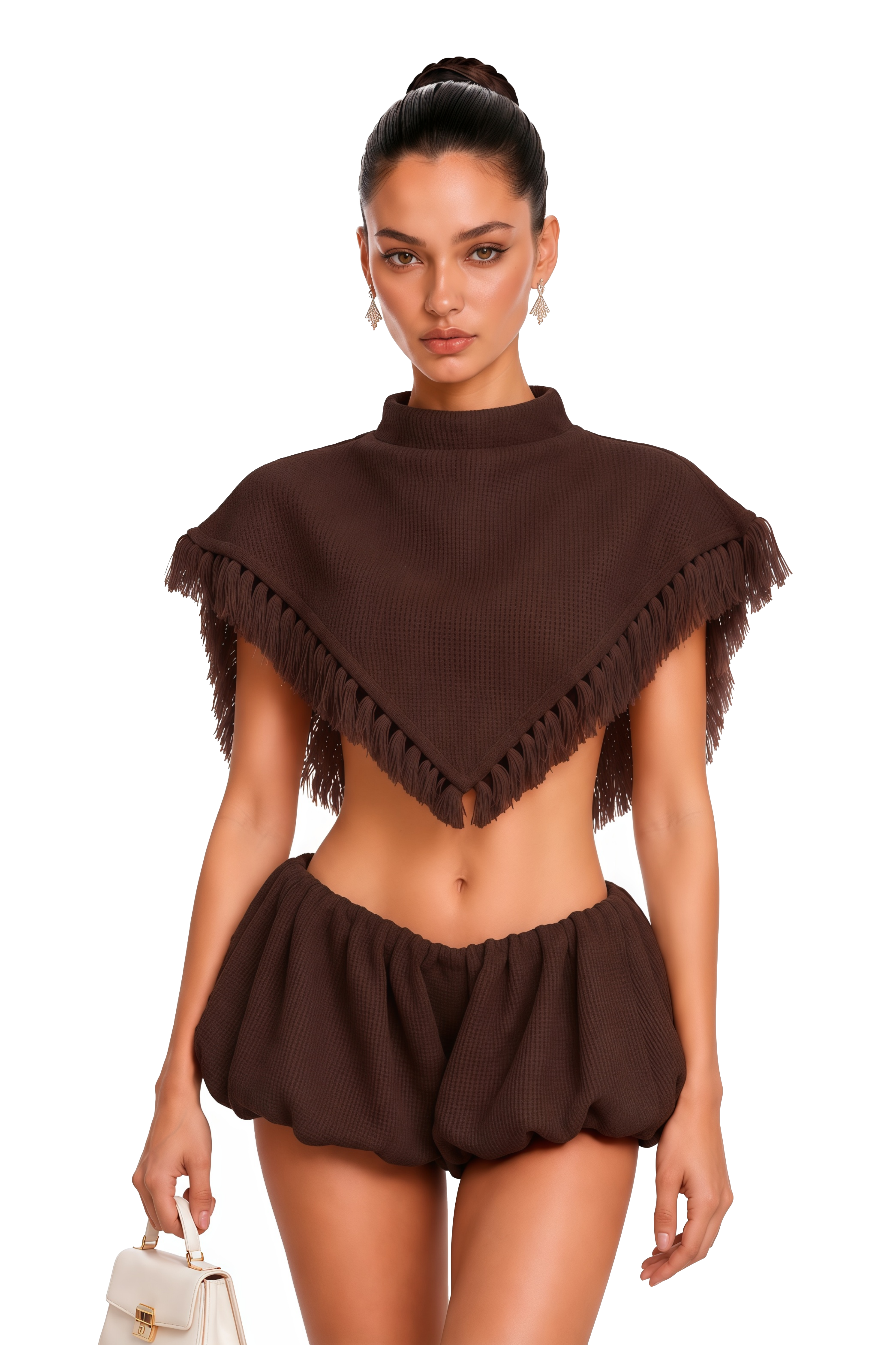 Celestine Brown Fringe Crop Top & Shorts Set